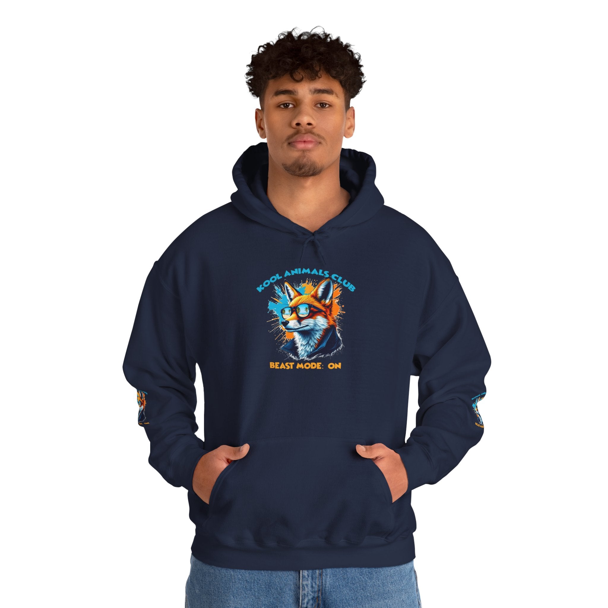 Kool Animals Club Hoodie with Cool Fox in Sunglasses and ‘Beast Mode On’ Design, Unisex Sweatshirt for Animal Lovers, Casual Streetwear, Perfect Gift for Holidays on sale at MyriadMart