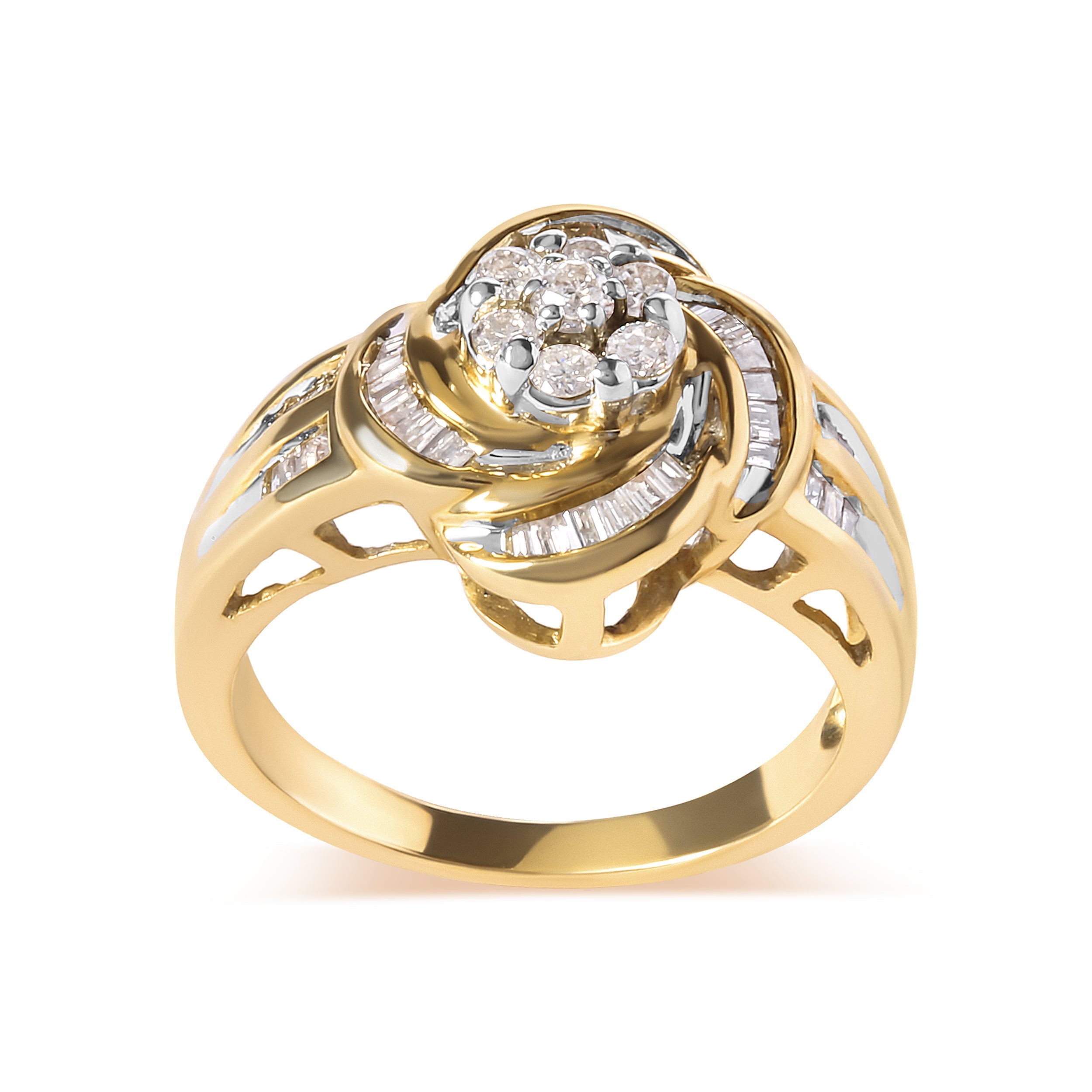 10K Yellow Gold 1/2 Cttw Round and Baguette Diamond Flower Swirl Cocktail Ring I-J Color, SI2-I1 Clarity - Ring Size 7 on sale at MyriadMart