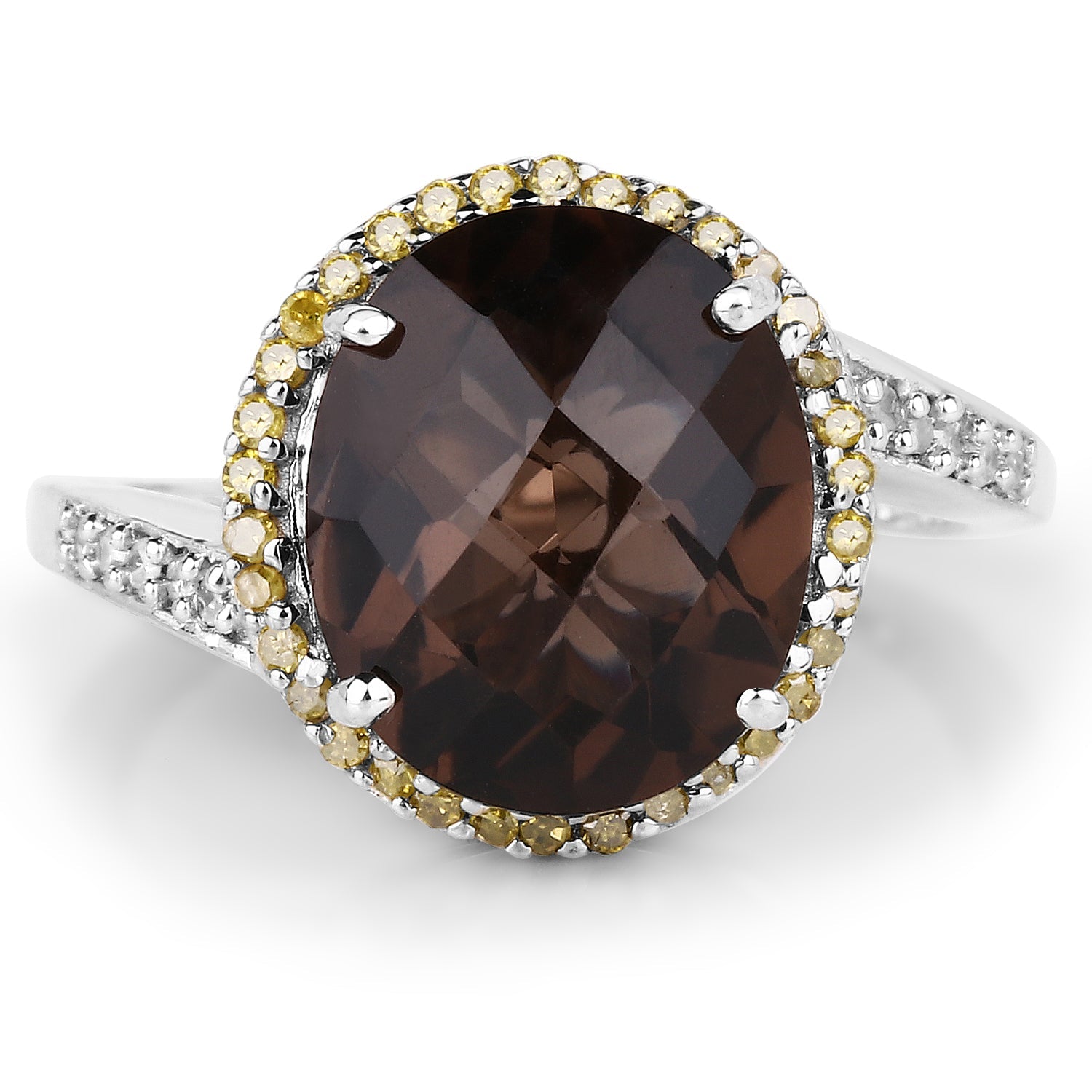 4.85 Carat Genuine Smoky Quartz, Yellow Diamond & White Diamond .925 Sterling Silver Ring on sale at MyriadMart