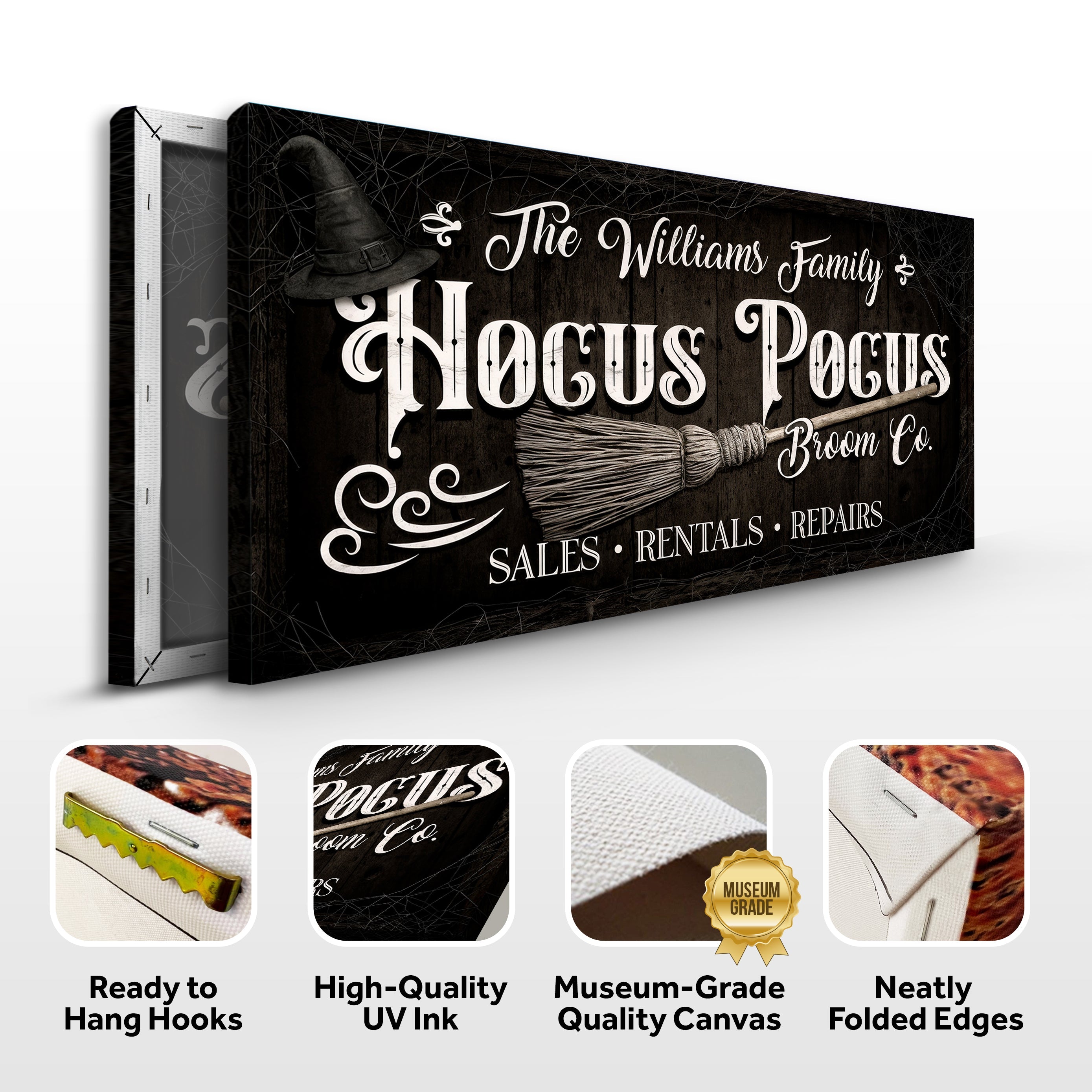 Personalized Hocus Pocus Broom Co. Wall Sign on sale at MyriadMart