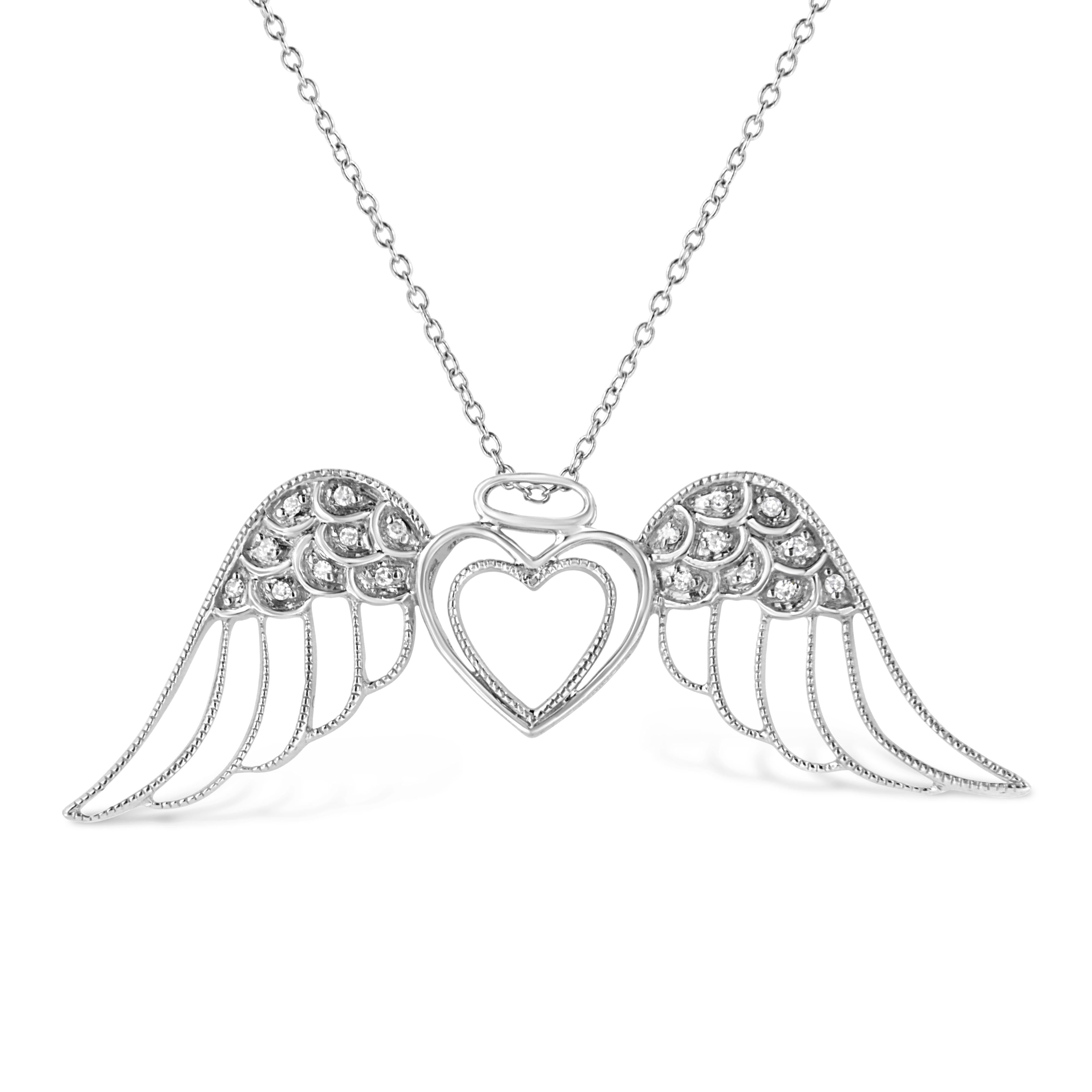 .925 Sterling Silver Pave-Set Diamond Accent Angel Wing 18" Double Heart Pendant Necklace I-J Color, I1-I2 Clarity on sale at MyriadMart