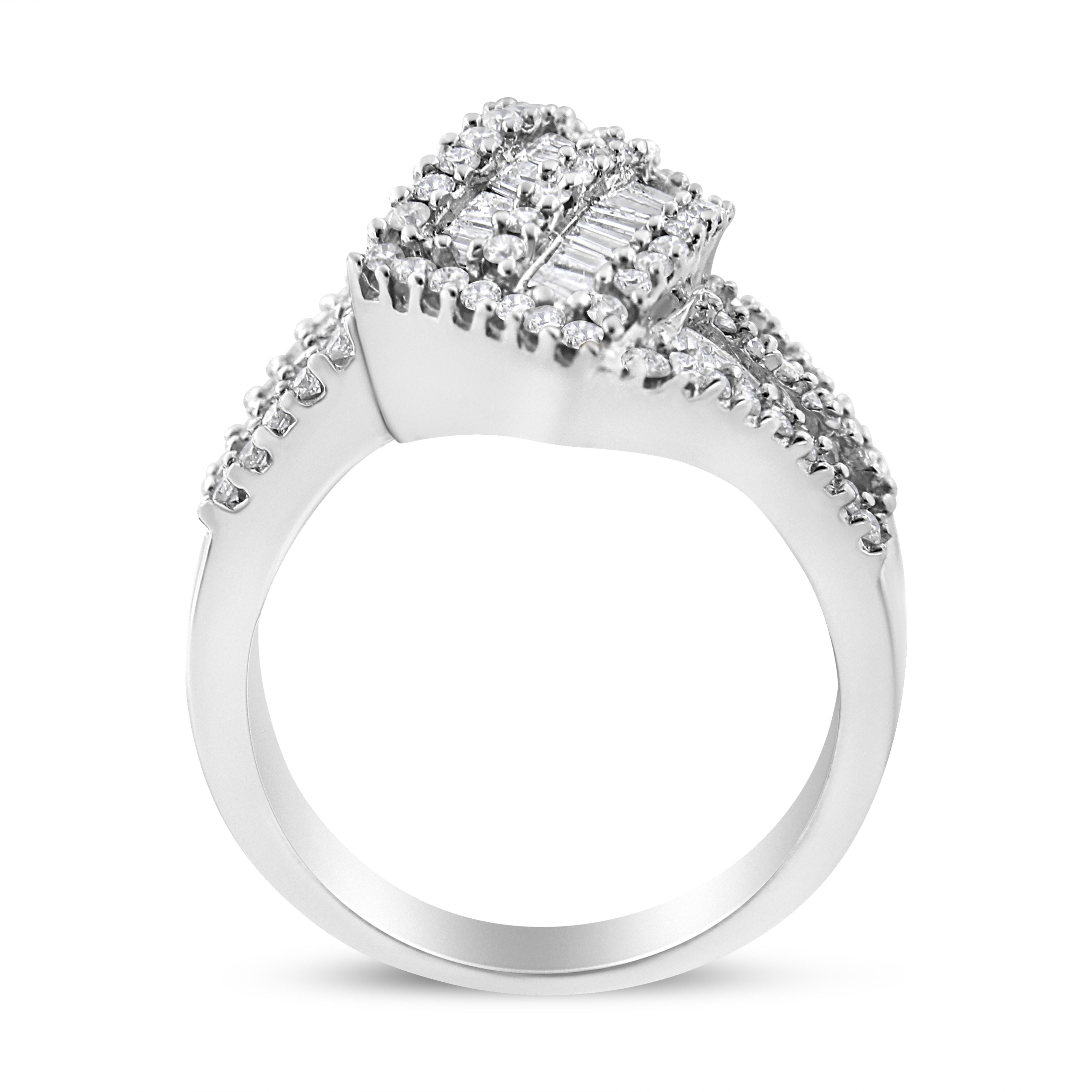 14K White Gold 1-1/2 Cttw Round and Baguette Diamond Bypass Cocktail Ring Band H-I Color, SI1-SI2 Clarity - Size 7 on sale at MyriadMart