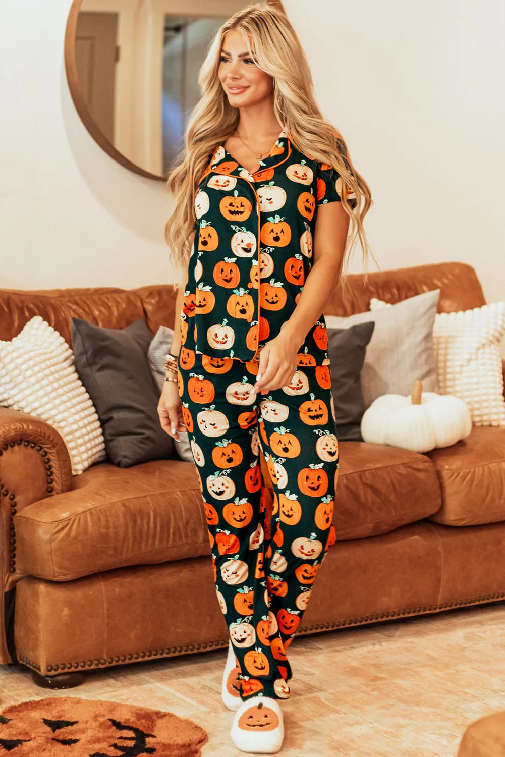 Pumpkin Printed Short Sleeve Top and Pants Lounge Set - MyriadMart