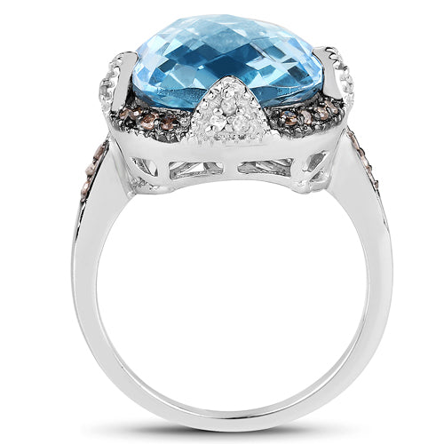 8.29 Carat Genuine Swiss Blue Topaz, Champagne Diamond and White Diamond .925 Sterling Silver Ring on sale at MyriadMart