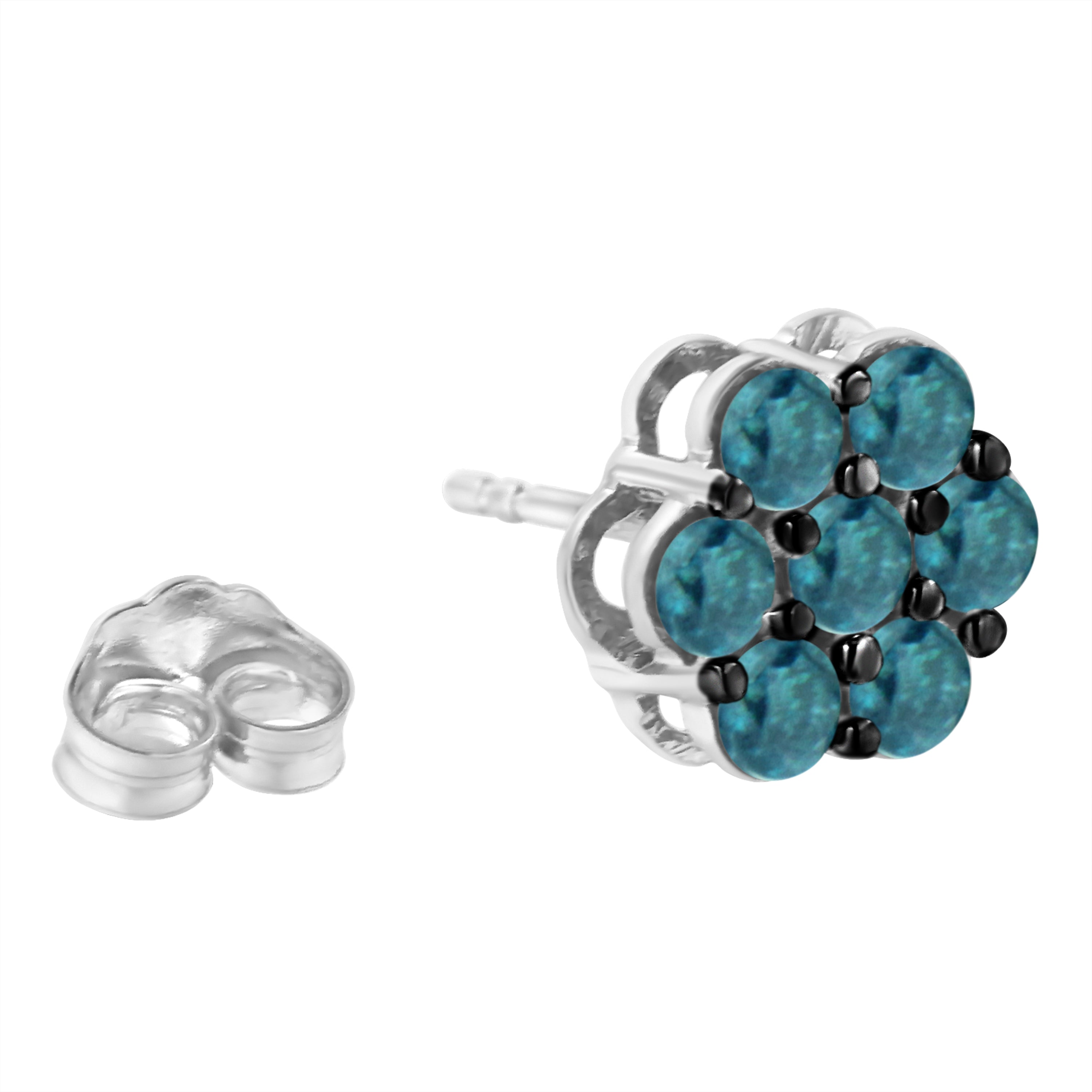 Sterling Silver Treated Blue Diamond Floral Stud Earrings 1 cttw, Blue Color, I2-I3 Clarity on sale at MyriadMart