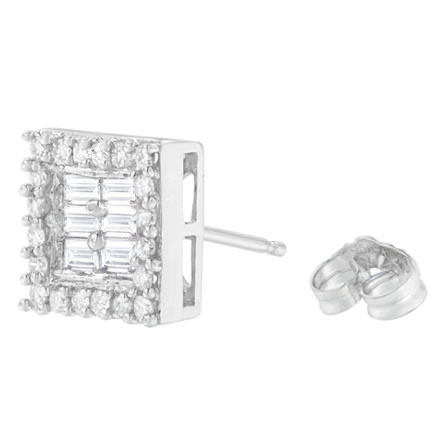 14K White Gold 1 cttw Round and Baguette Diamond Stud Earrings H-I, SI1-SI2 on sale at MyriadMart