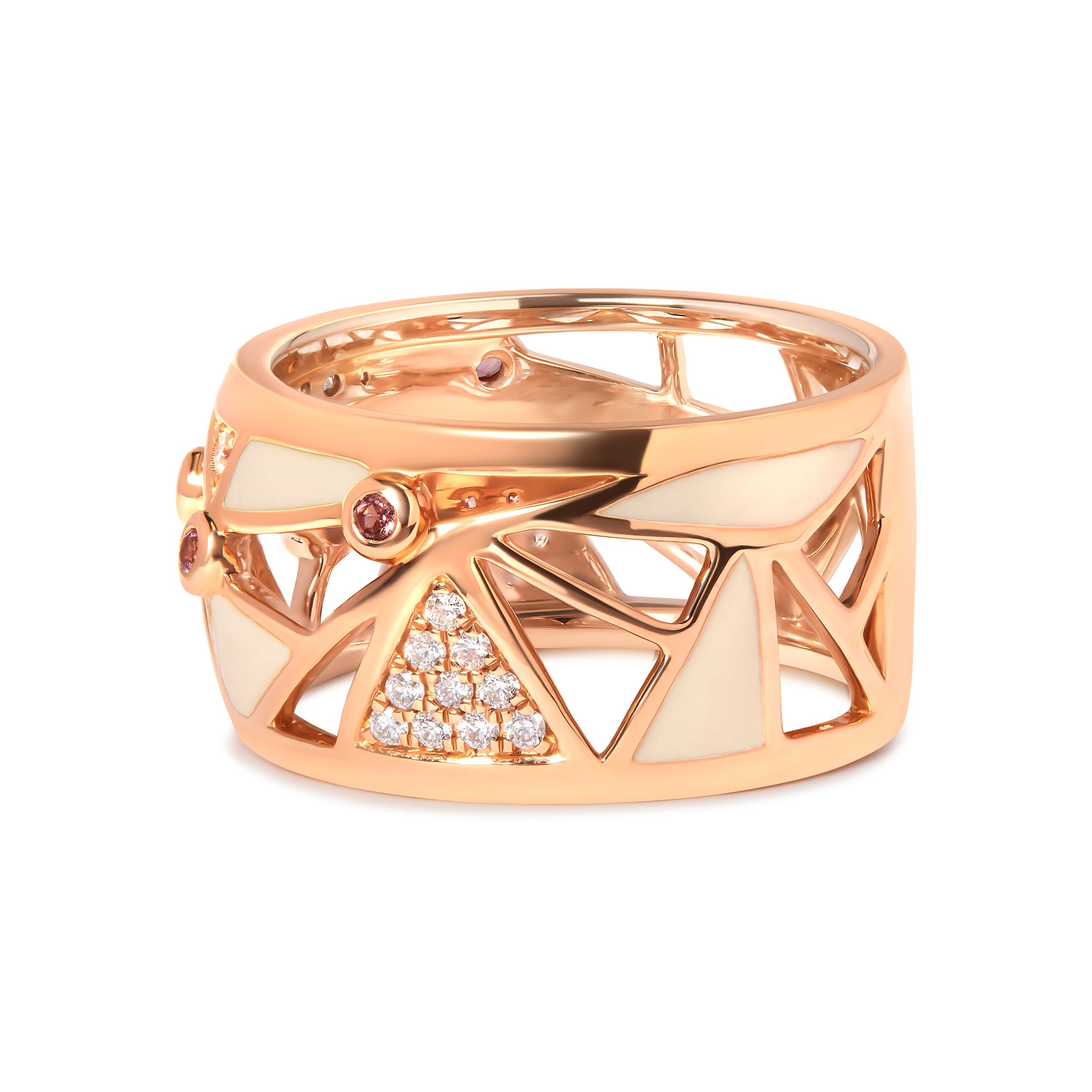 14K Rose Gold 1/3 Cttw Diamond and Pink Tourmaline Cigar Band Ring with White Enamel G-H Color, SI1-SI2 Clarity on sale at MyriadMart