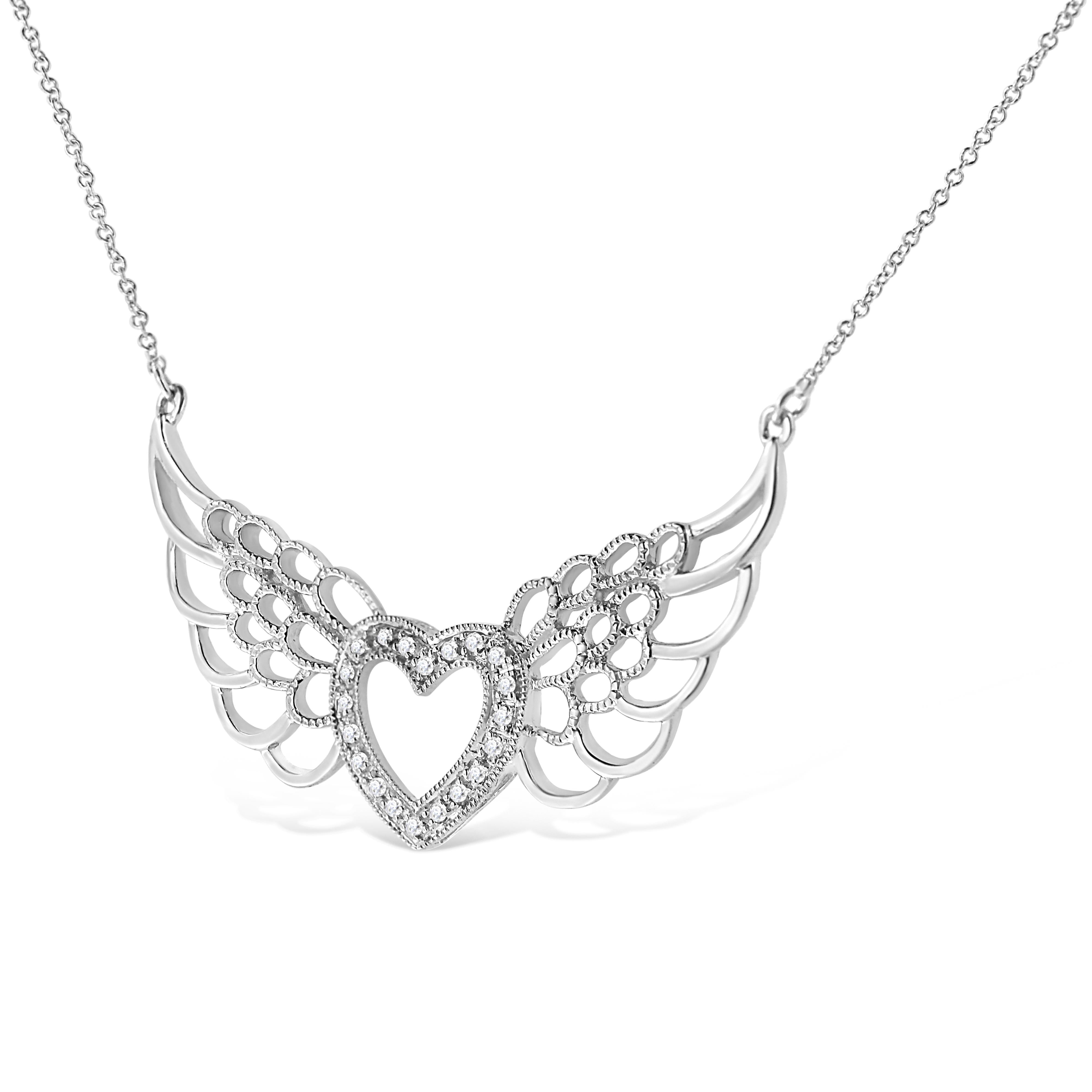 .925 Sterling Silver Pave-Set Diamond Accent Fairy Wing 18" Heart Pendant Necklace I-J Color, I1-I2 Clarity on sale at MyriadMart