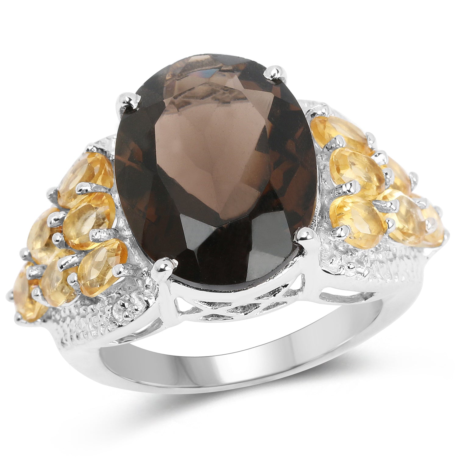 9.74 Carat Genuine Smoky Quartz, Citrine & White Topaz .925 Sterling Silver Ring on sale at MyriadMart