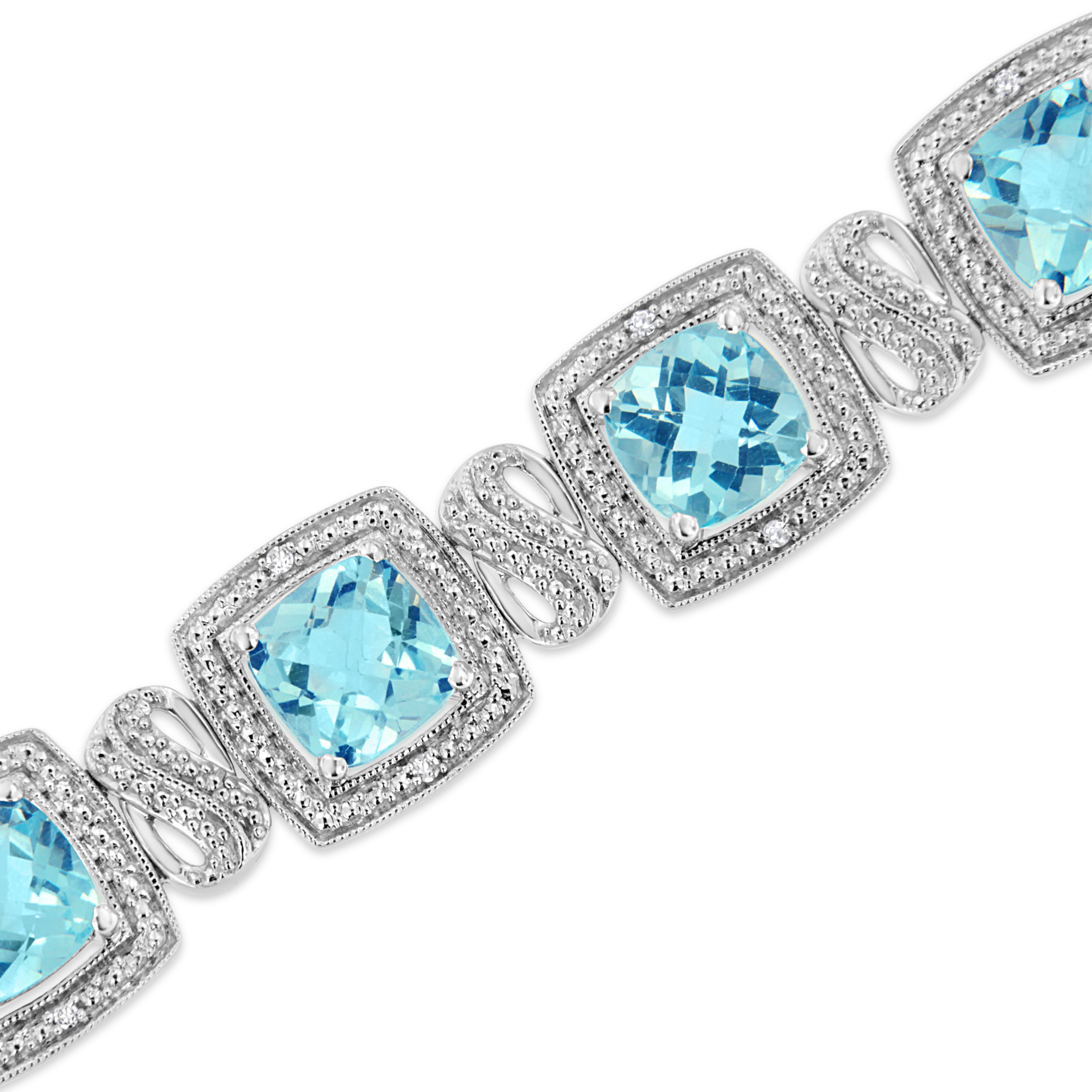 .925 Sterling Silver 7x7 mm Cushion Cut Blue Topaz and 1/10 Ctw Single Cut Diamond Square Shape Tennis Bracelet I-J Color, I1-I2 Clarity - 7" on sale at MyriadMart