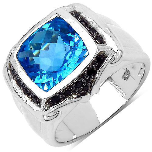 5.08 Carat Genuine Swiss Blue Topaz and Black Spinel .925 Sterling Silver Ring on sale at MyriadMart
