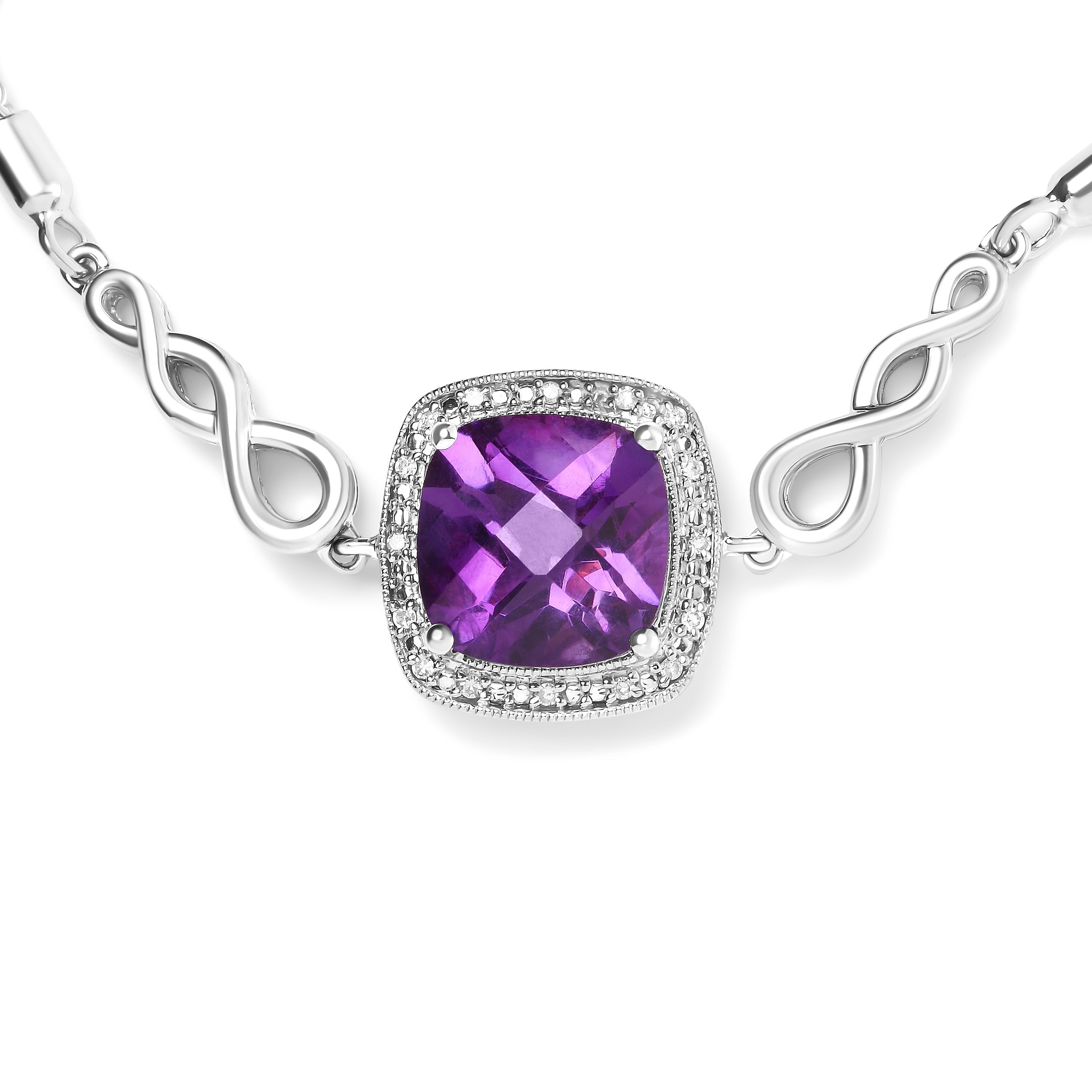.925 Sterling Silver 10mm Cushion Cut Amethyst Gemstone and Diamond Accent Lariat 4â€-10â€ Adjustable Bolo Bracelet H-I Color, SI1-SI2 Clarity on sale at MyriadMart