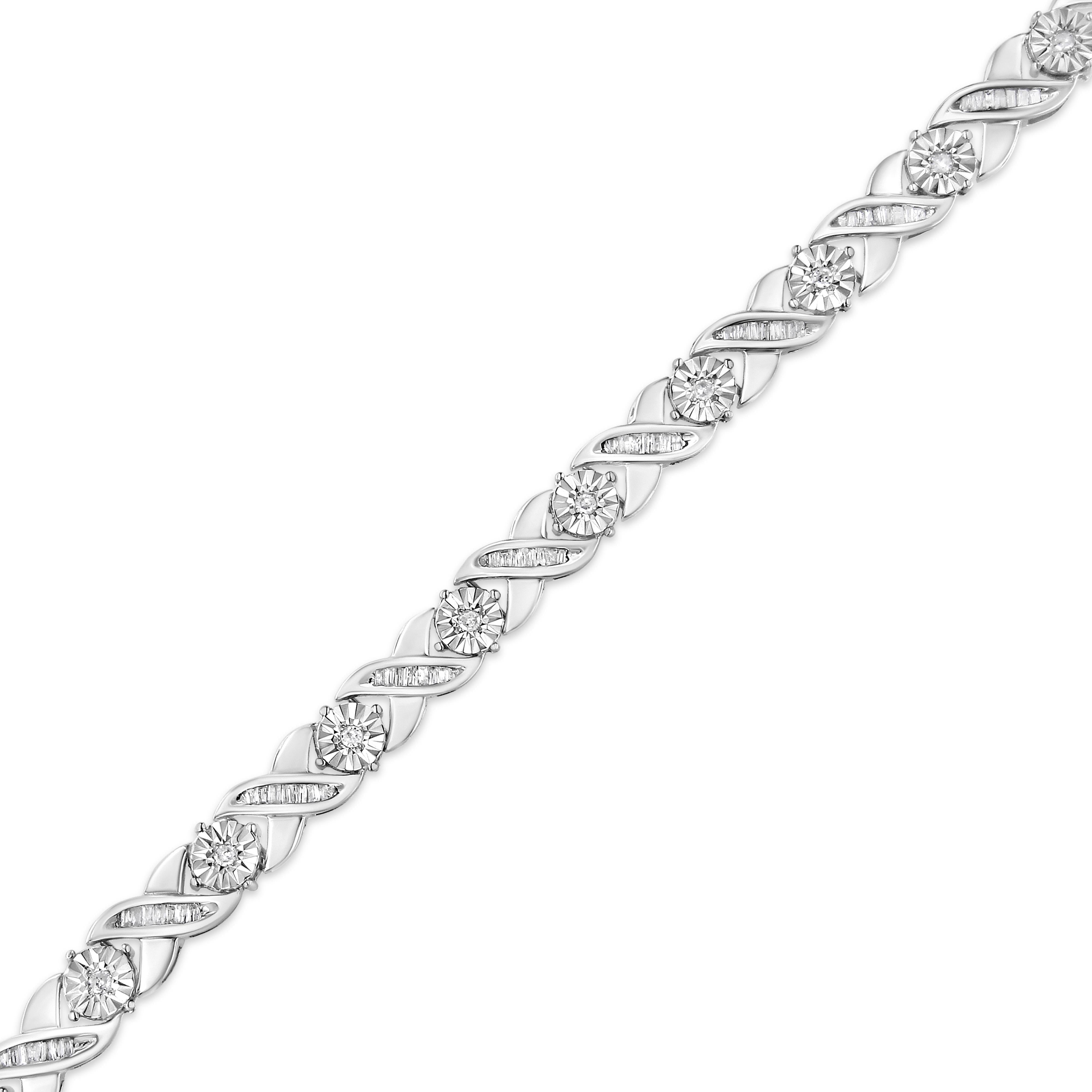 .925 Sterling Silver 1.0 Cttw Round-Brilliant and Baguette Cut Diamond Miracle-Set X-Link 7" Tennis Bracelet I-J Color, I2-I3 Clarity on sale at MyriadMart