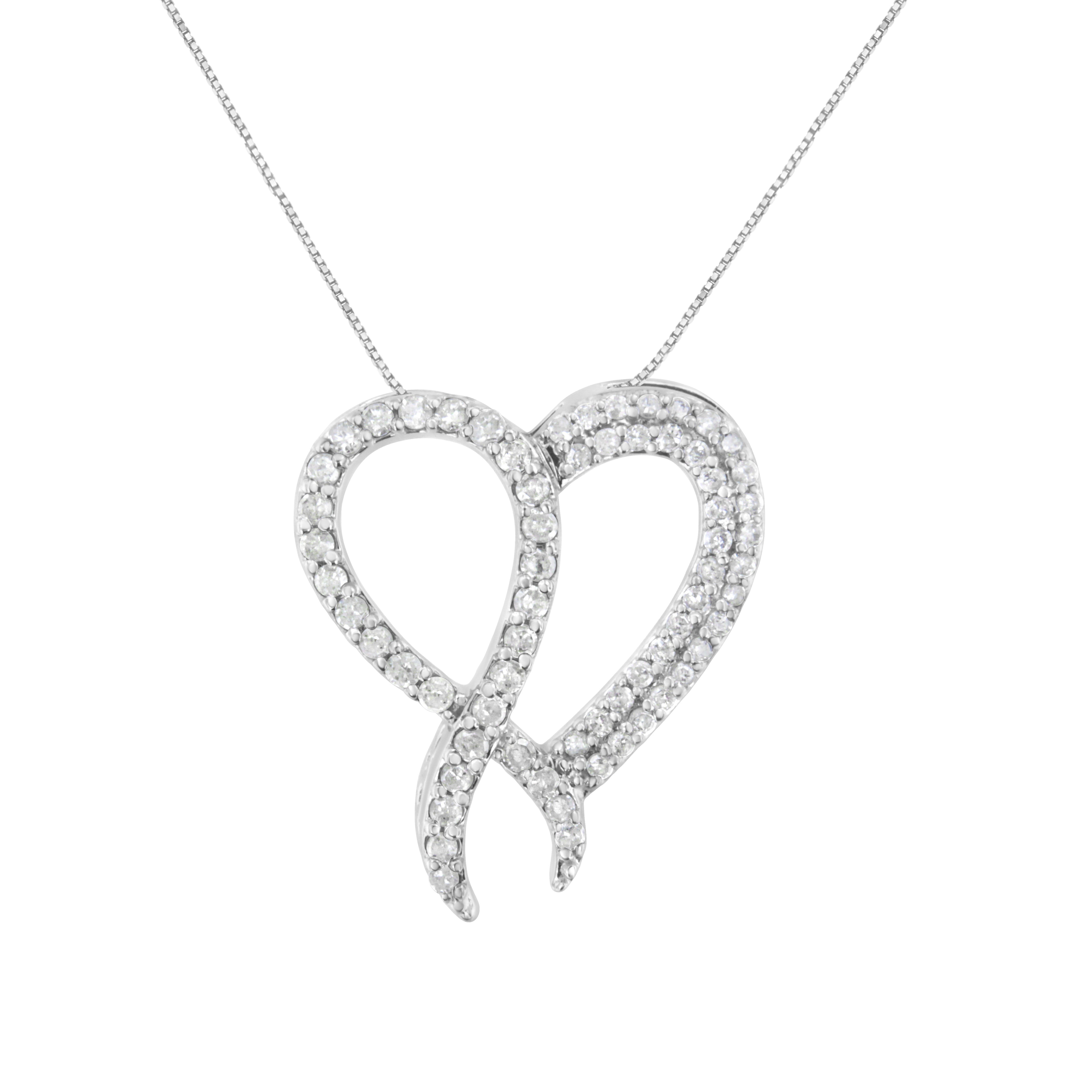 .925 Sterling Silver 1 cttw Diamond Heart and Ribbon 18" Pendant Necklace I-J Clarity, I2-I3 Color - 18" on sale at MyriadMart
