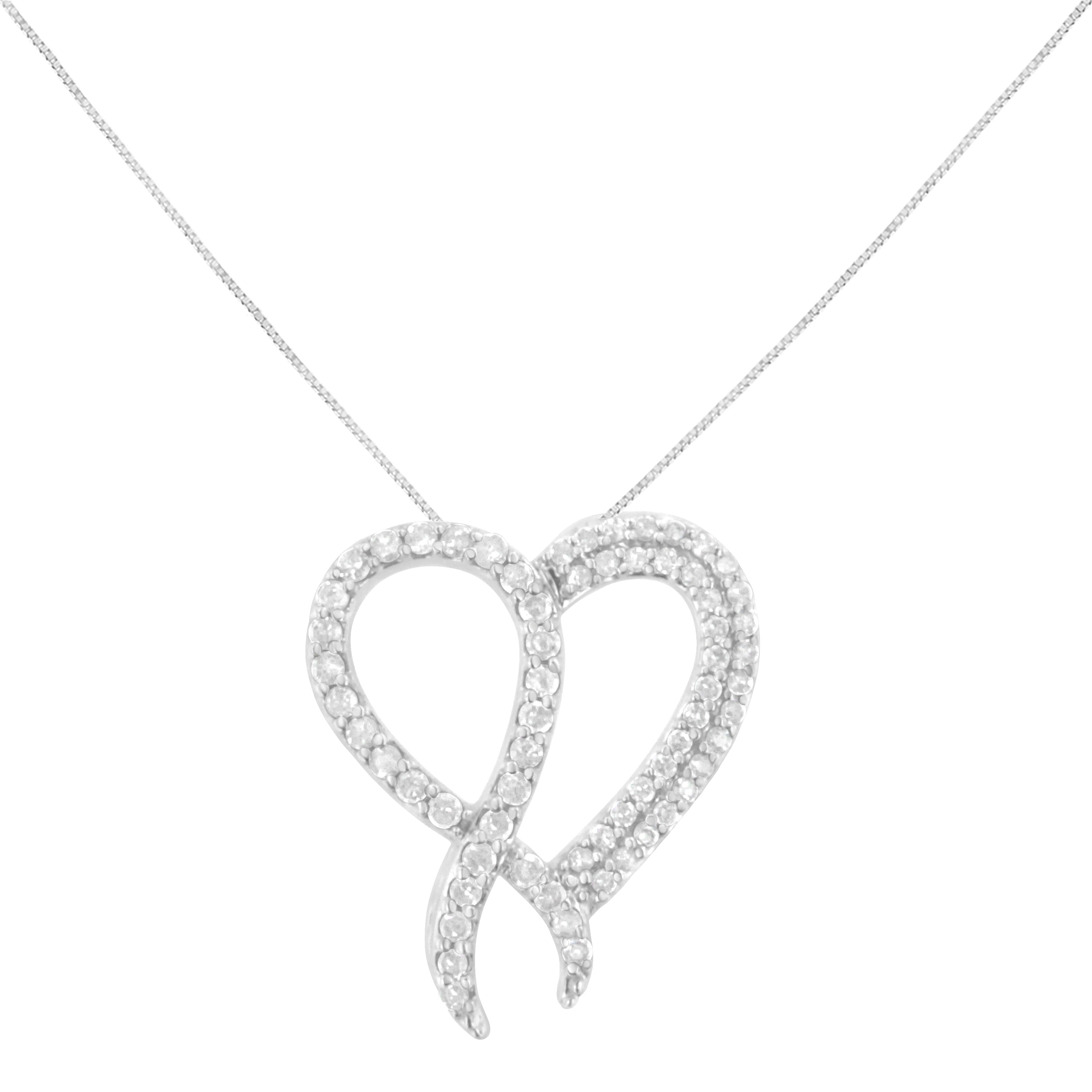 .925 Sterling Silver 1 cttw Diamond Heart and Ribbon 18" Pendant Necklace I-J Clarity, I2-I3 Color - 18" on sale at MyriadMart