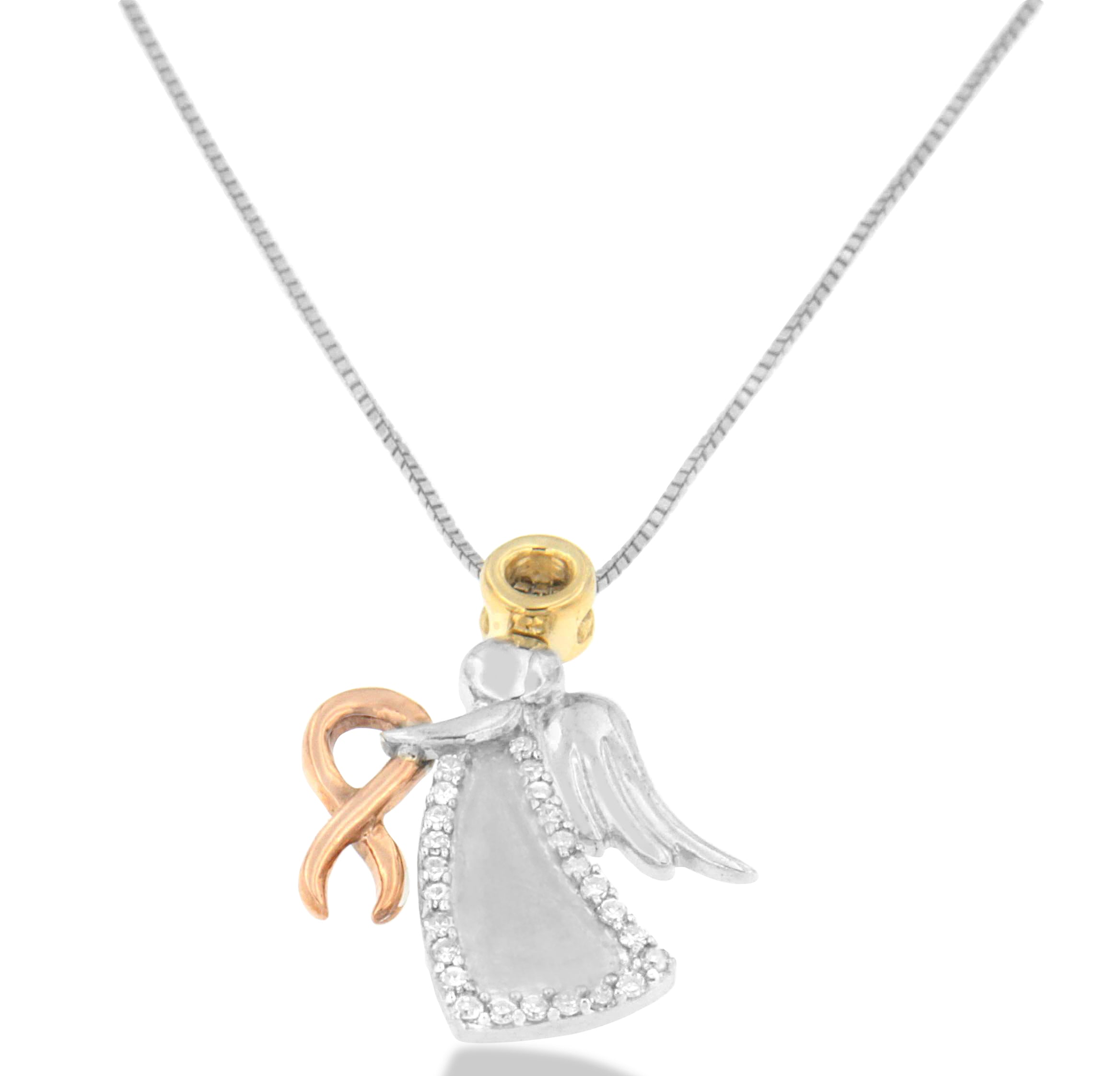 10K Tri-Color Gold Diamond-Accented Angel Awareness Ribbon Pendant Necklace H-I Color, I1-I2 Clarity on sale at MyriadMart