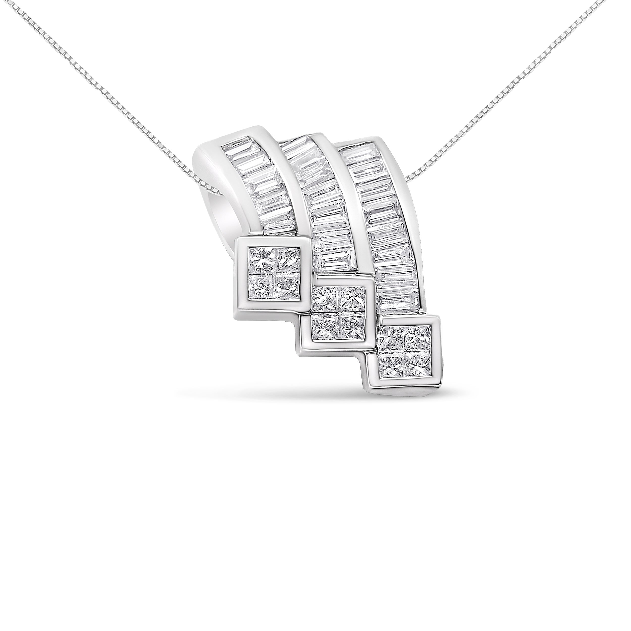 14K White Gold 1 1/2 Cttw Invisible Set Princess and Channel Set Baguette-cut Diamond Triple Curve Pendant Necklace G-H Color, SI1-SI2 Clarity - NO CHAIN INCLUDED on sale at MyriadMart