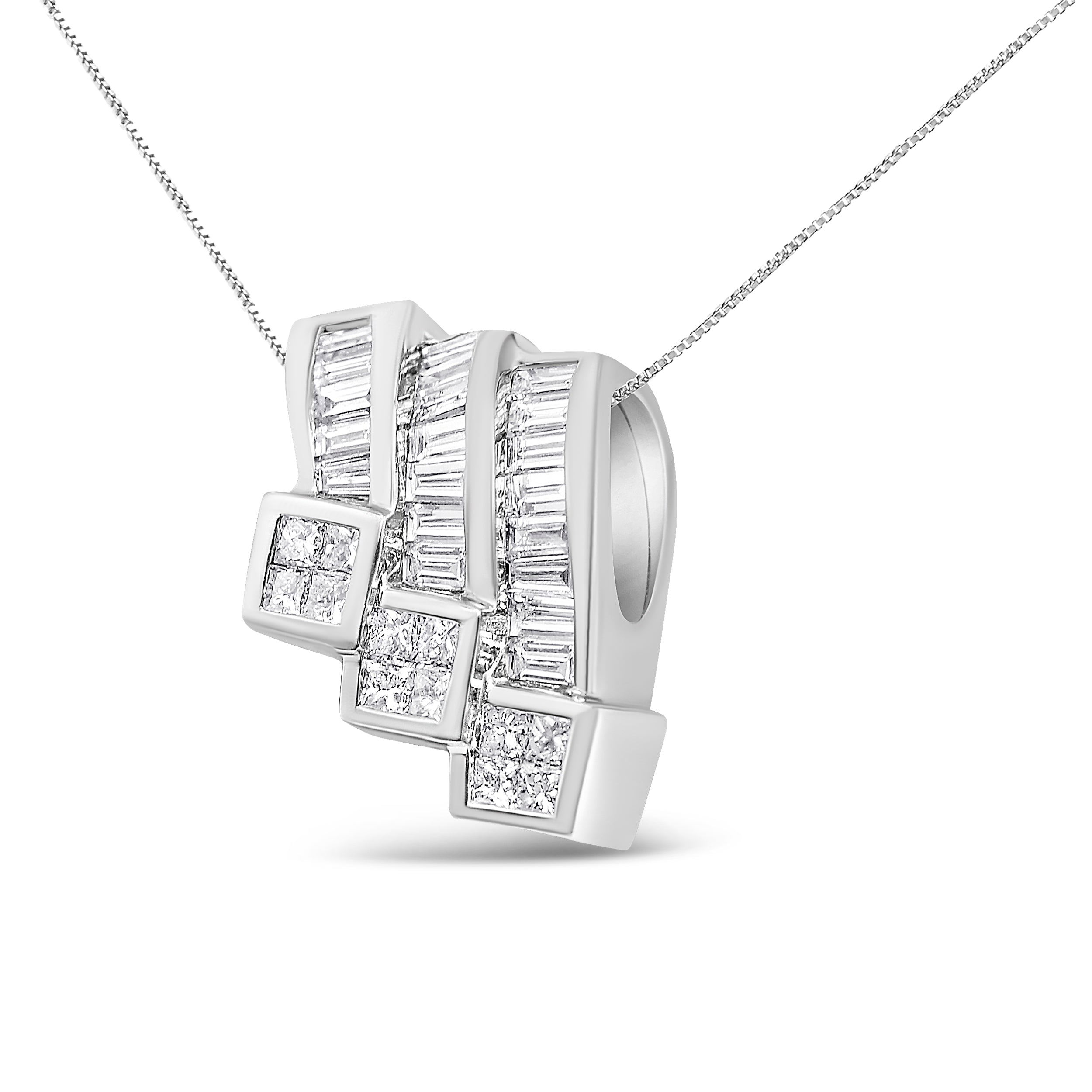 14K White Gold 1 1/2 Cttw Invisible Set Princess and Channel Set Baguette-cut Diamond Triple Curve Pendant Necklace G-H Color, SI1-SI2 Clarity - NO CHAIN INCLUDED on sale at MyriadMart
