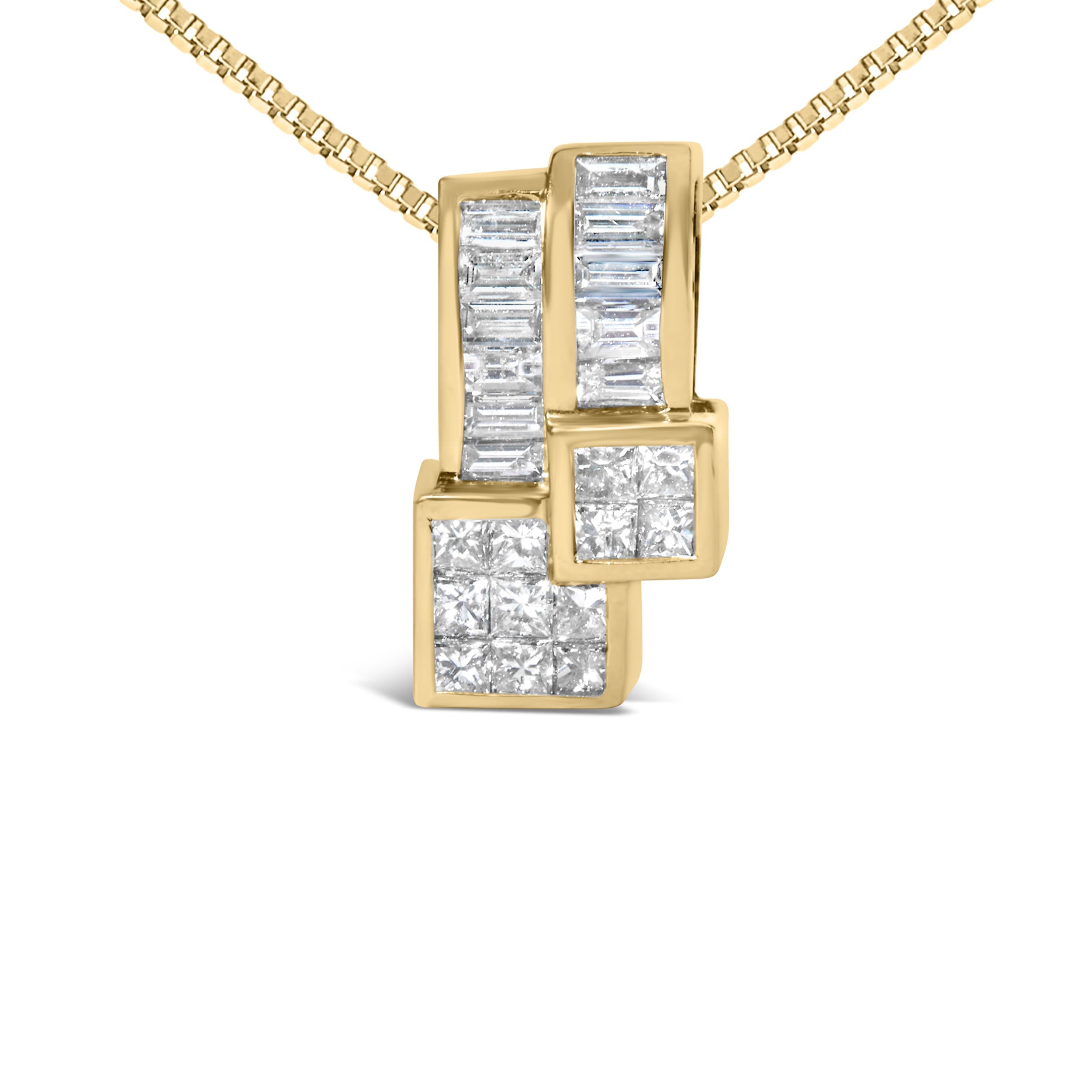 14K Yellow Gold 1 1/2 cttw Princess and Baguette Cut Diamond Geometric Pendant Necklace H-I Color, VS1-VS2 Clarity on sale at MyriadMart