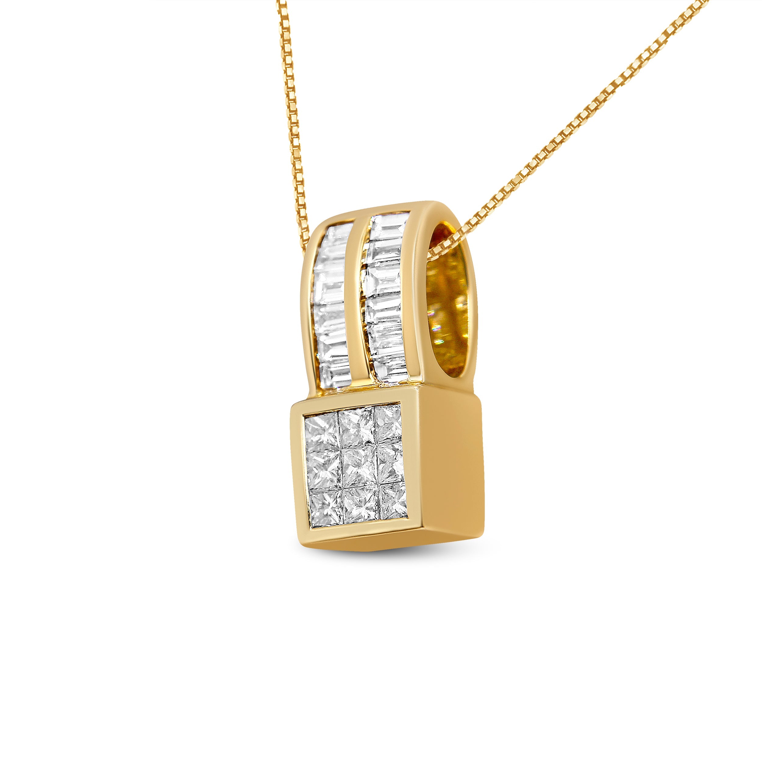 14K Yellow Gold 1 1/4 cttw Princess and Baguette Cut Geometric Inspired Diamond Pendant Necklace H-I, VS1-VS2 on sale at MyriadMart