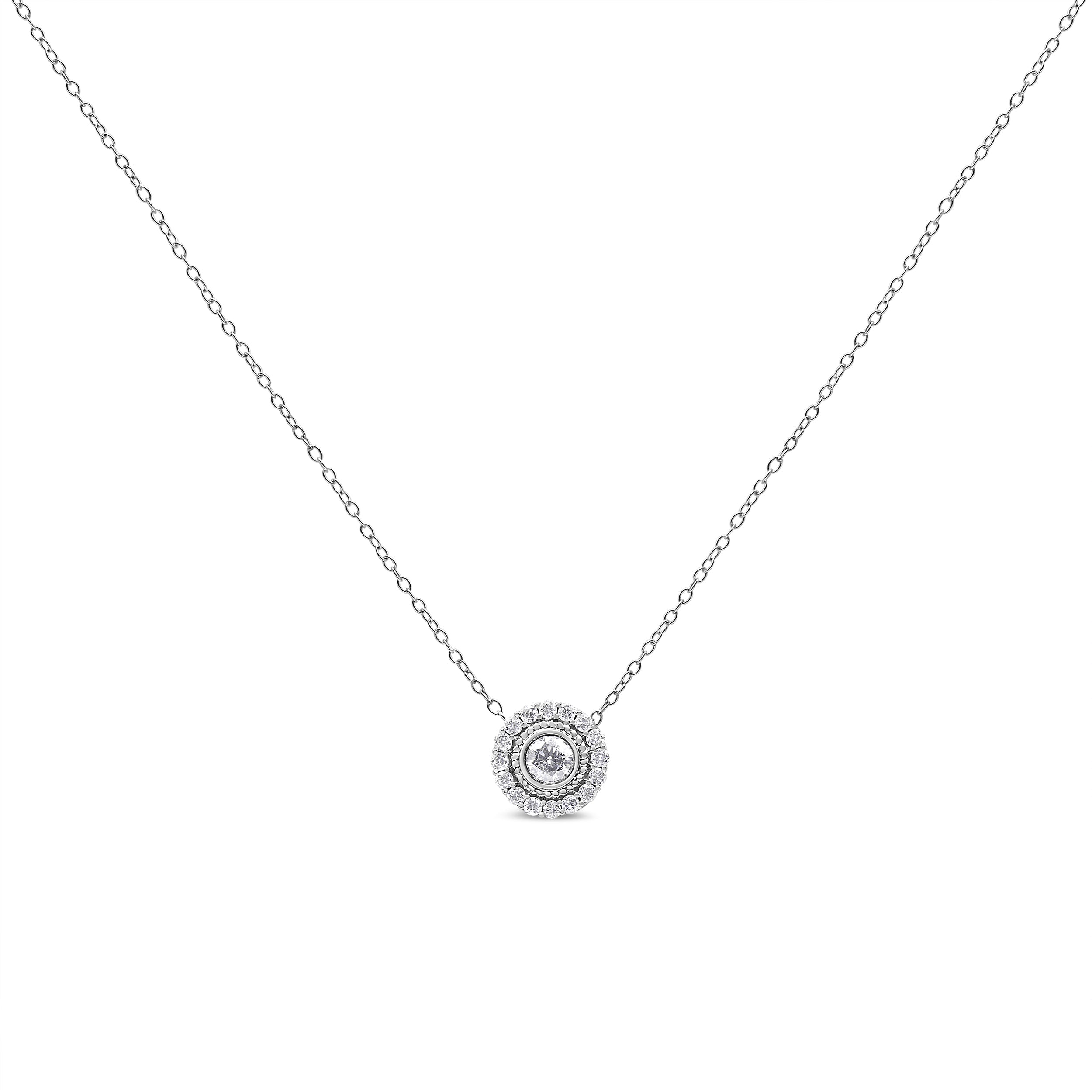 .925 Sterling Silver 1/2 Cttw Round Diamond Halo Circle Pendant 18" Necklace I-J Color, I2-I3 Clarity on sale at MyriadMart