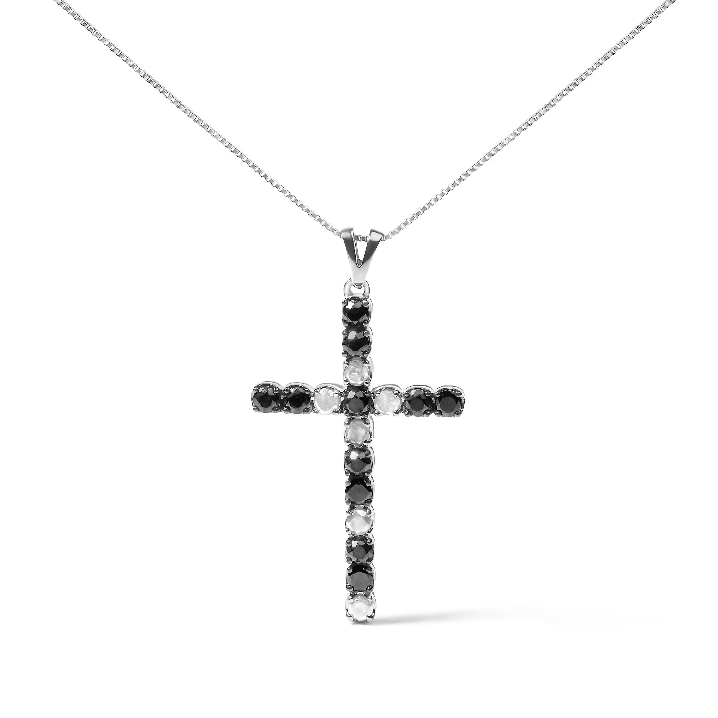 .925 Sterling Silver 2.0 Cttw Prong Set Round Natural Treated Black and White Diamond Cross Pendant Necklace - 18" Black/H-I Color, I3 Clarity on sale at MyriadMart