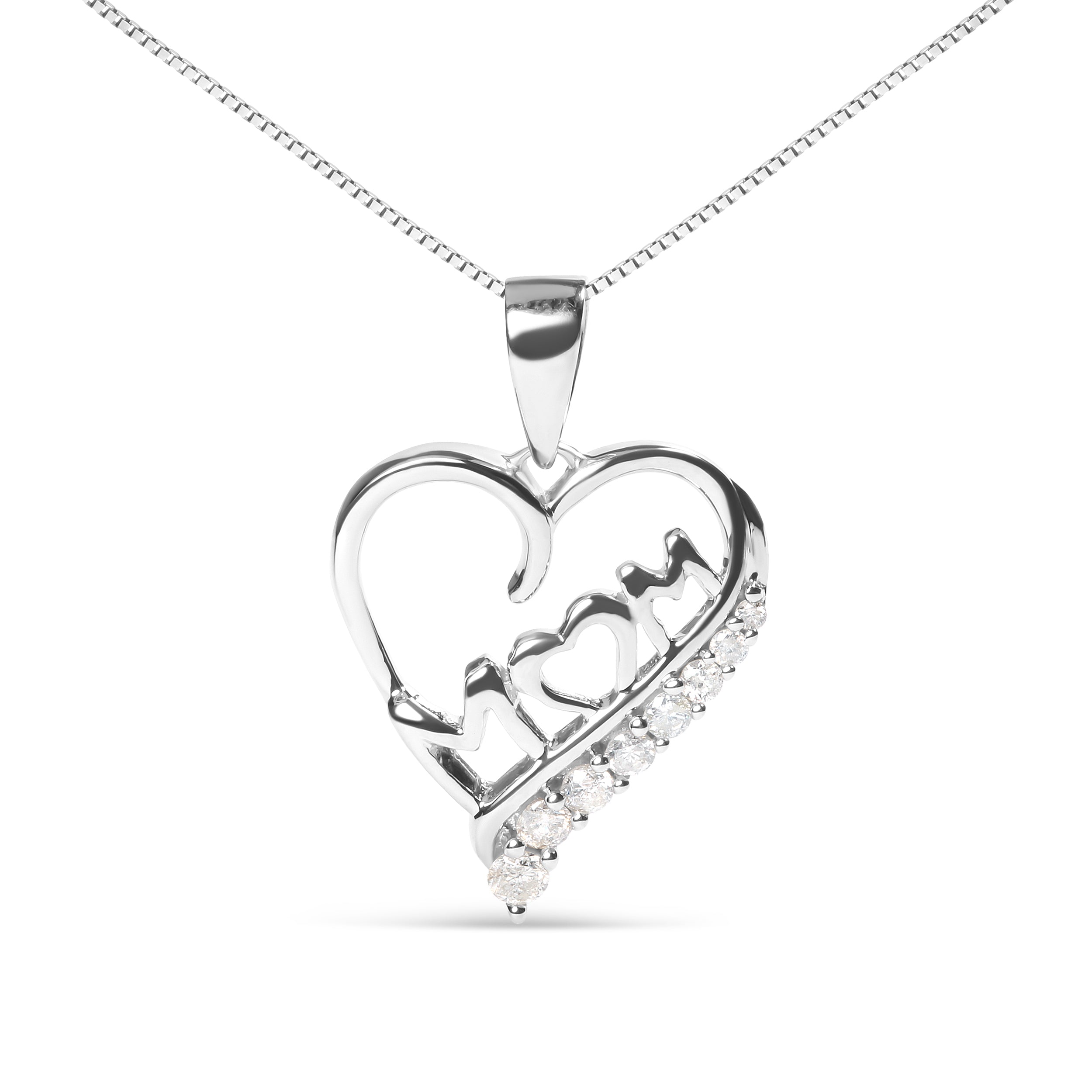 .925 Sterling Silver 1/4 Cttw Diamond "Mom" and Open Heart 18" Pendant Necklace I-J Color, I2-I3 Clarity on sale at MyriadMart