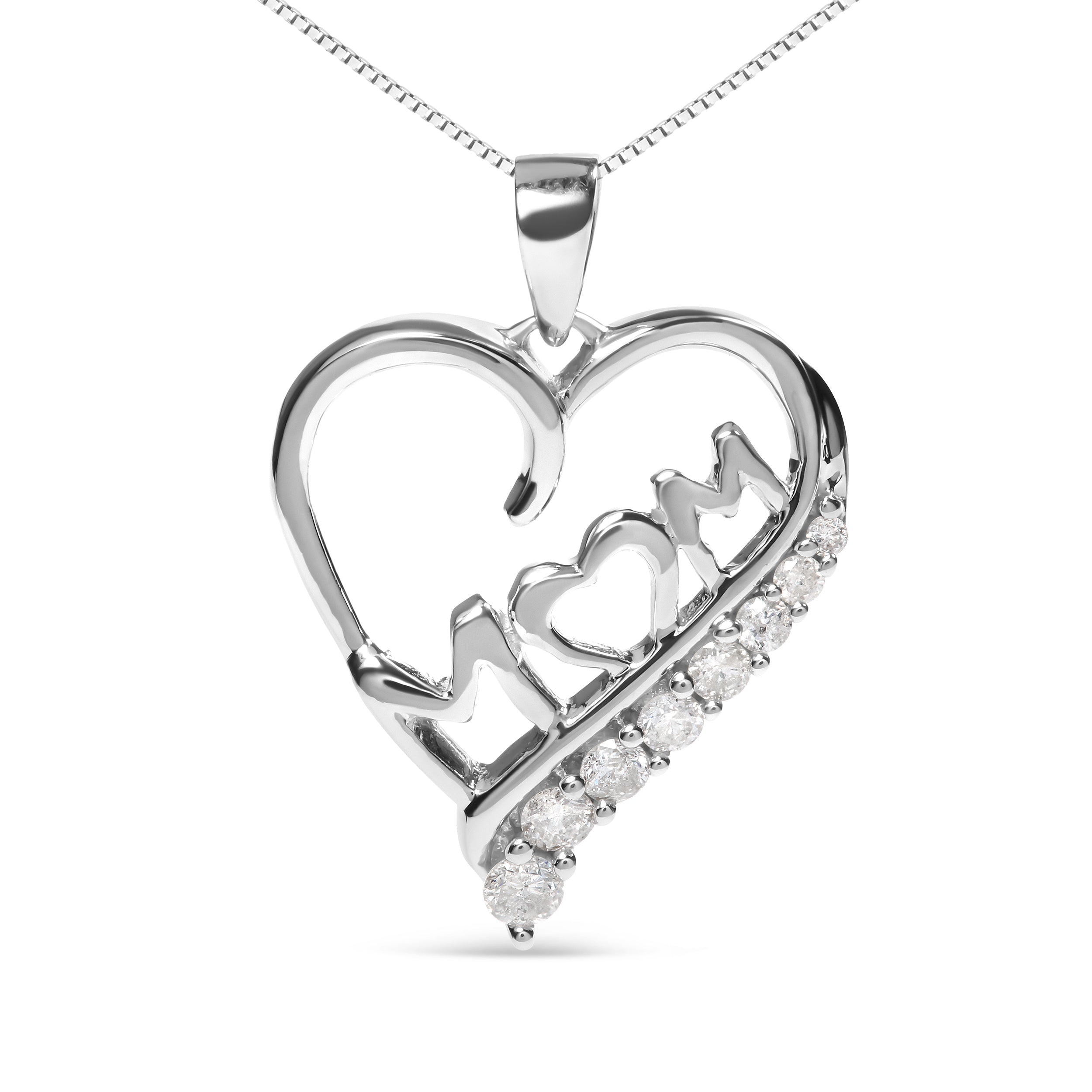.925 Sterling Silver 1/4 Cttw Diamond "Mom" and Open Heart 18" Pendant Necklace I-J Color, I2-I3 Clarity on sale at MyriadMart