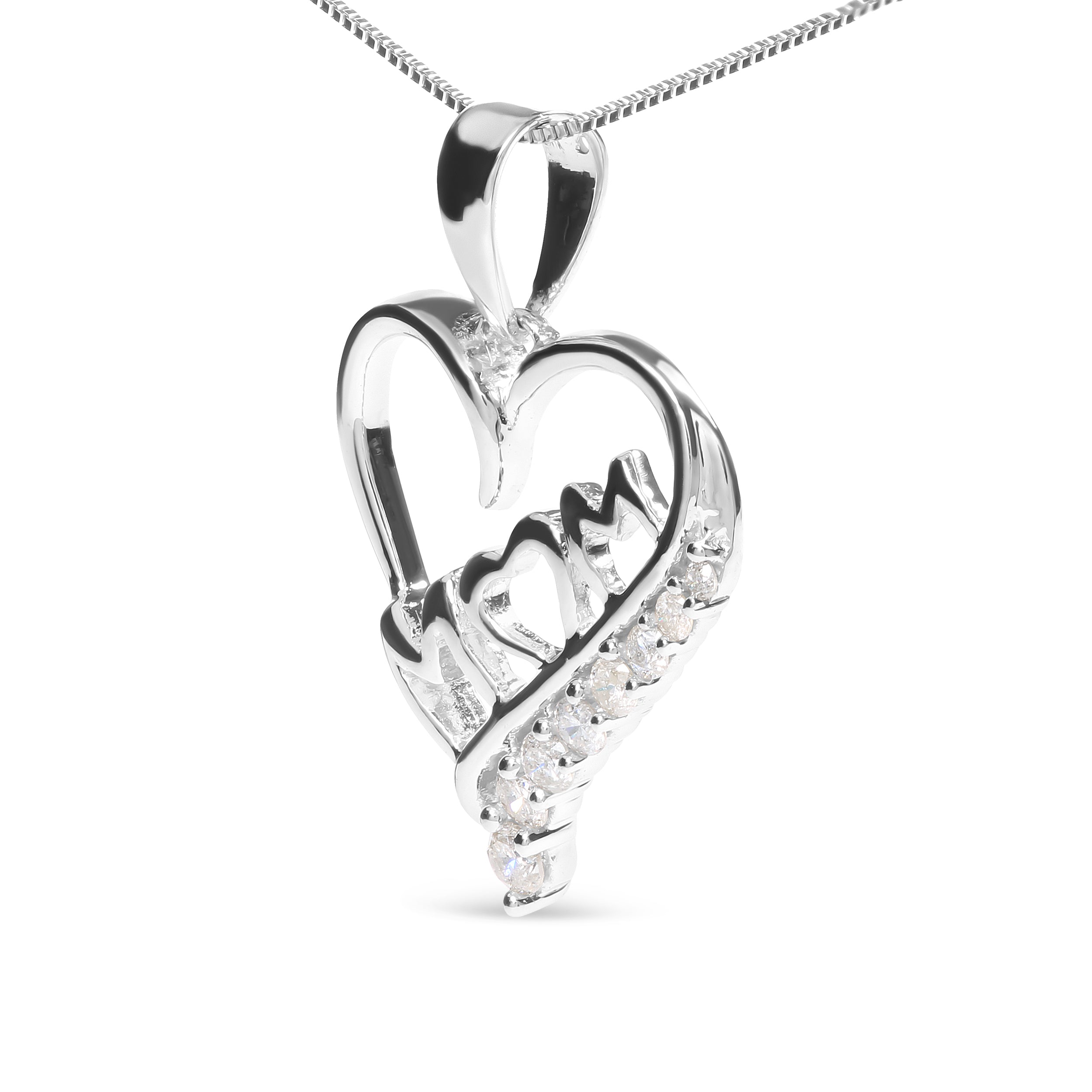 .925 Sterling Silver 1/4 Cttw Diamond "Mom" and Open Heart 18" Pendant Necklace I-J Color, I2-I3 Clarity on sale at MyriadMart