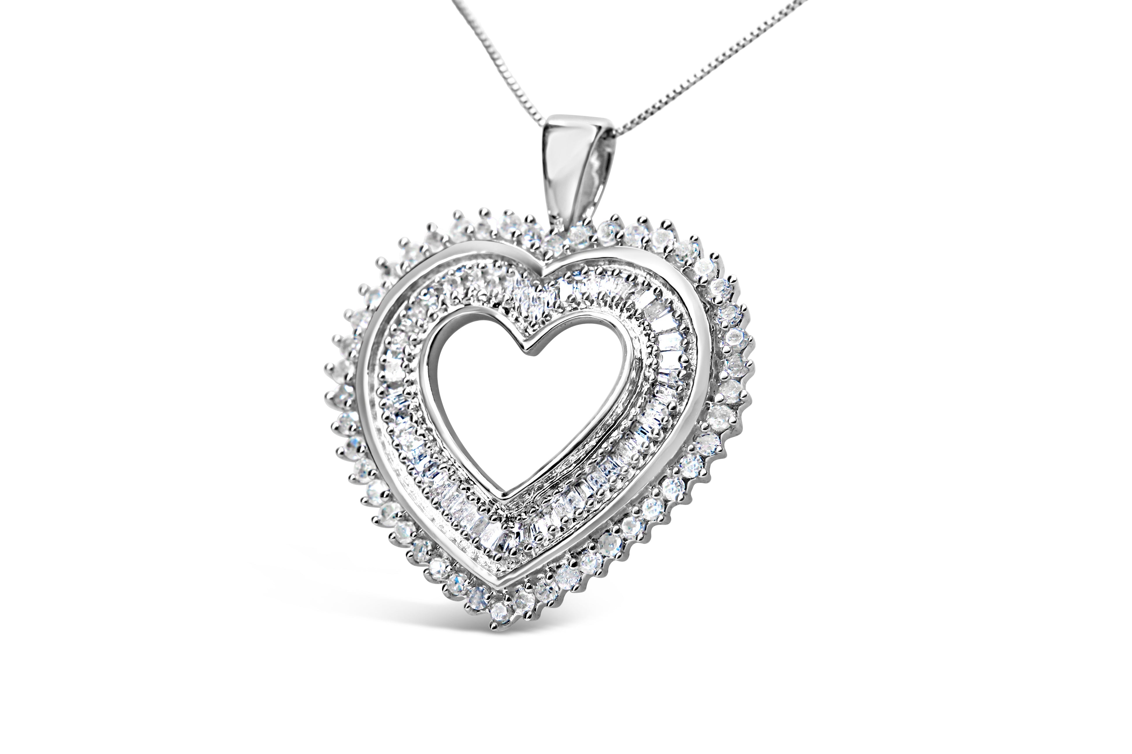 .925 Sterling Silver 1.0 Cttw Baguette and Round Diamond Heart Pendant 18" Necklace H-I Color, I3 Clarity on sale at MyriadMart