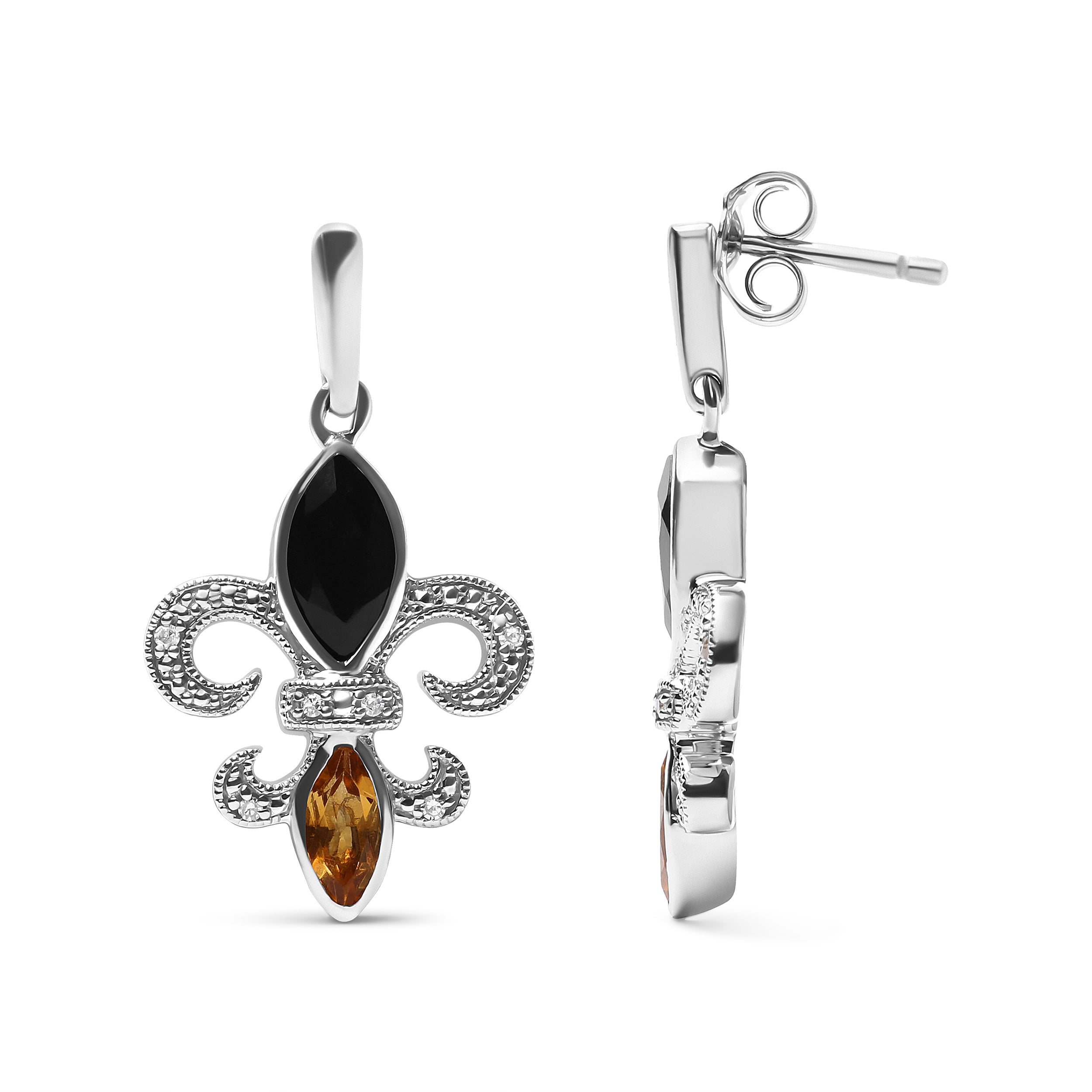 .925 Sterling Silver Marquise Cut Onyx and Citrine with Diamond Accent Fleur De Lis Drop Stud Earrings H-I Color, SI1-SI2 Clarity on sale at MyriadMart