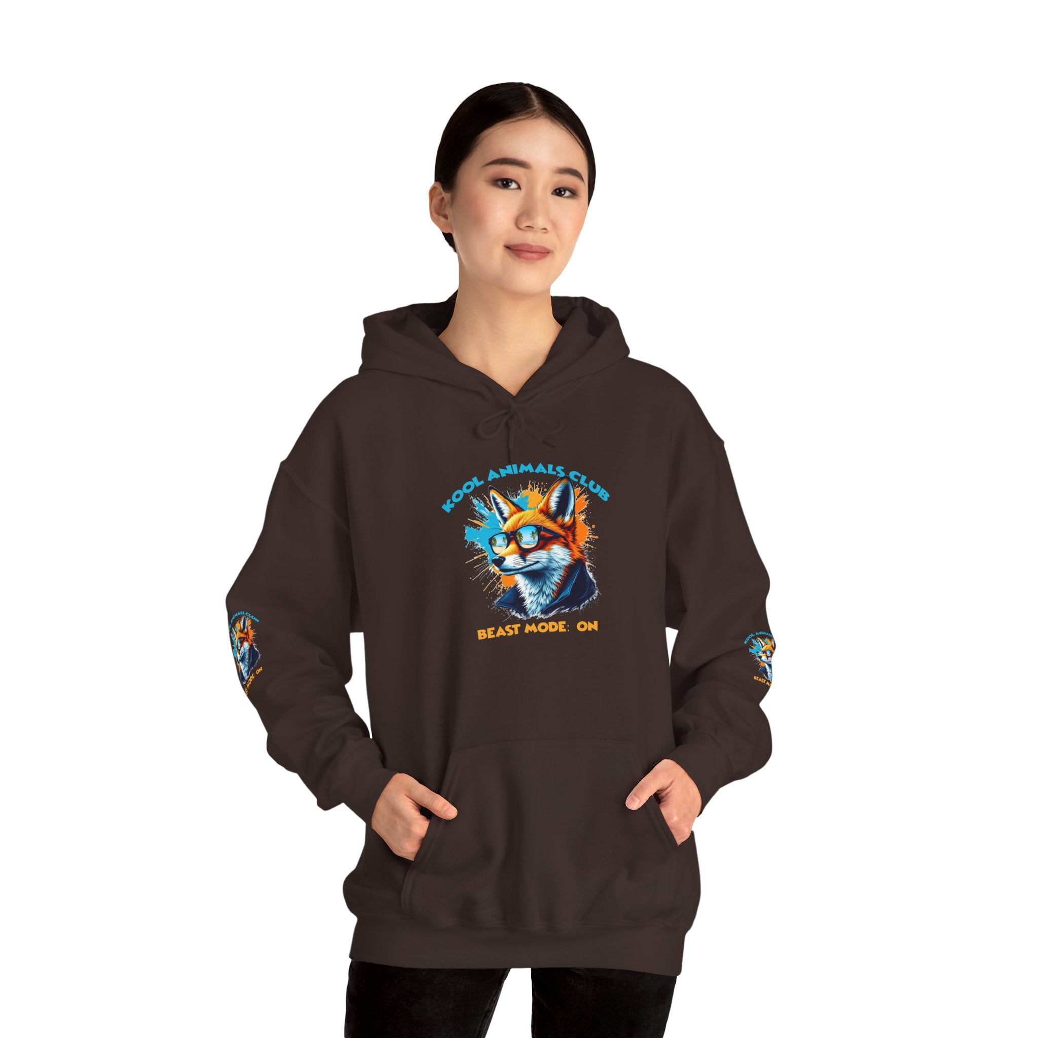 Kool Animals Club Hoodie with Cool Fox in Sunglasses and ‘Beast Mode On’ Design, Unisex Sweatshirt for Animal Lovers, Casual Streetwear, Perfect Gift for Holidays on sale at MyriadMart