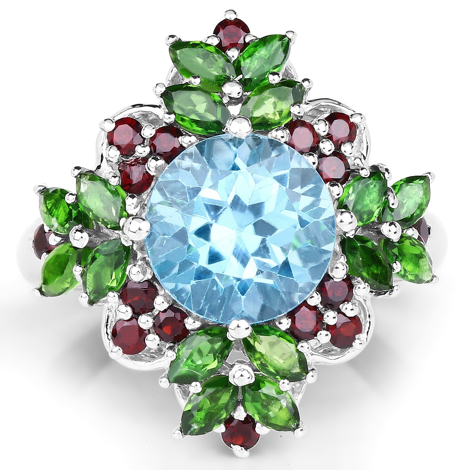 5.76 Carat Genuine Blue Topaz, Chrome Diopside & Garnet .925 Sterling Silver Ring on sale at MyriadMart