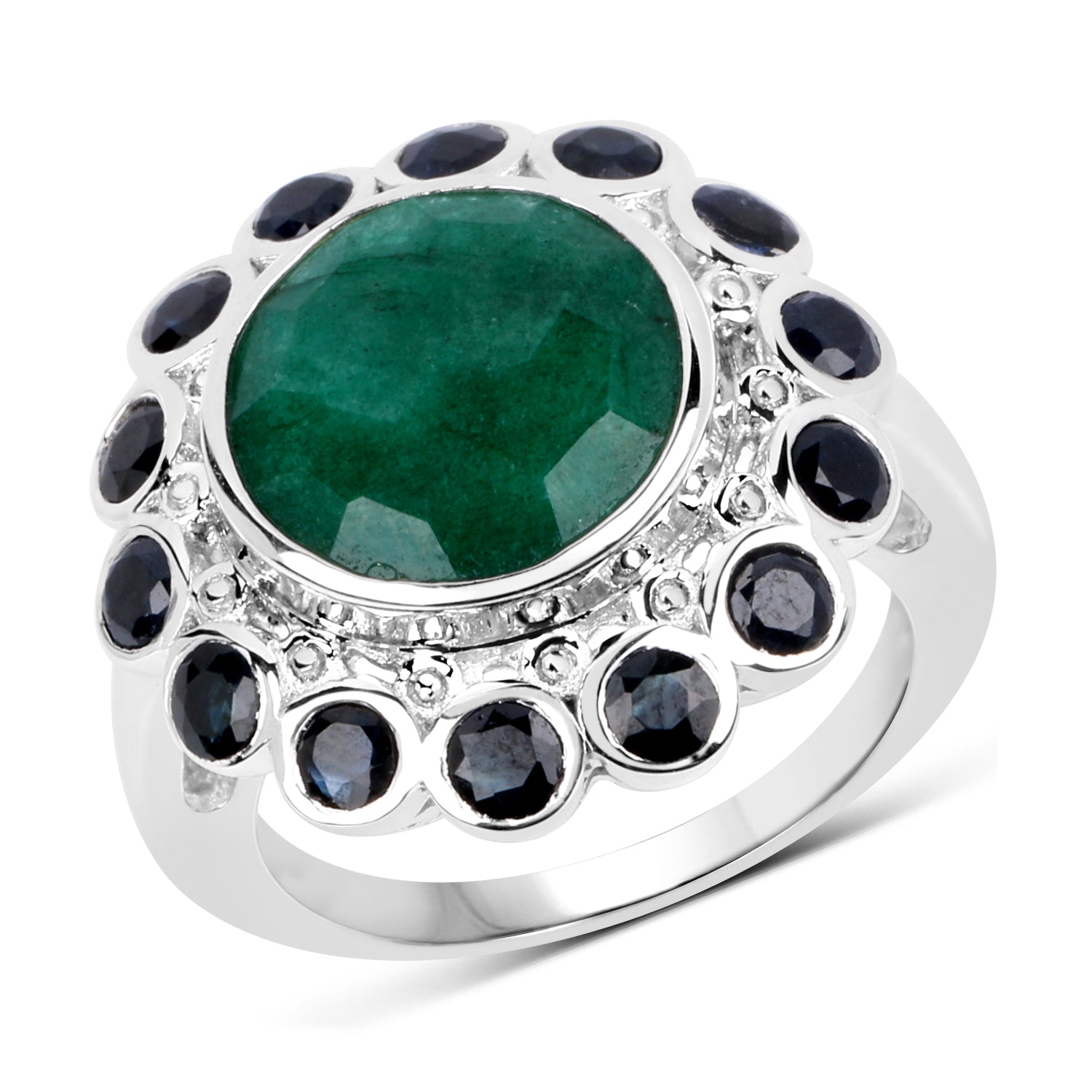 6.88 Carat Dyed Emerald & Blue Sapphire .925 Sterling Silver Ring on sale at MyriadMart