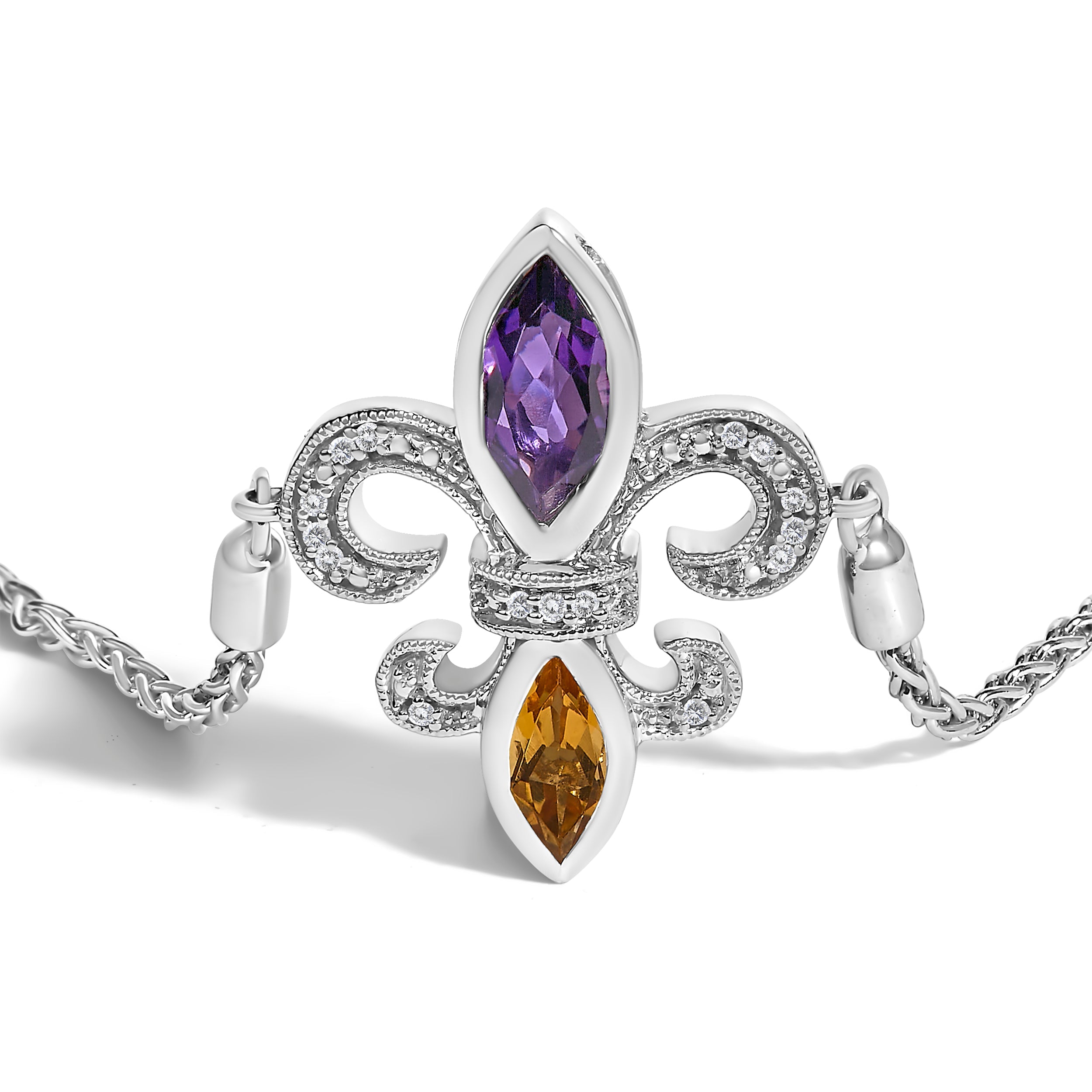 .925 Sterling Silver Marquise Purple Amethyst, Orange Citrine, and Diamond Accent Lariat 4â€-10â€ Fleur De Lis Adjustable Bolo Bracelet I-J Color, I1-I2 Clarity on sale at MyriadMart