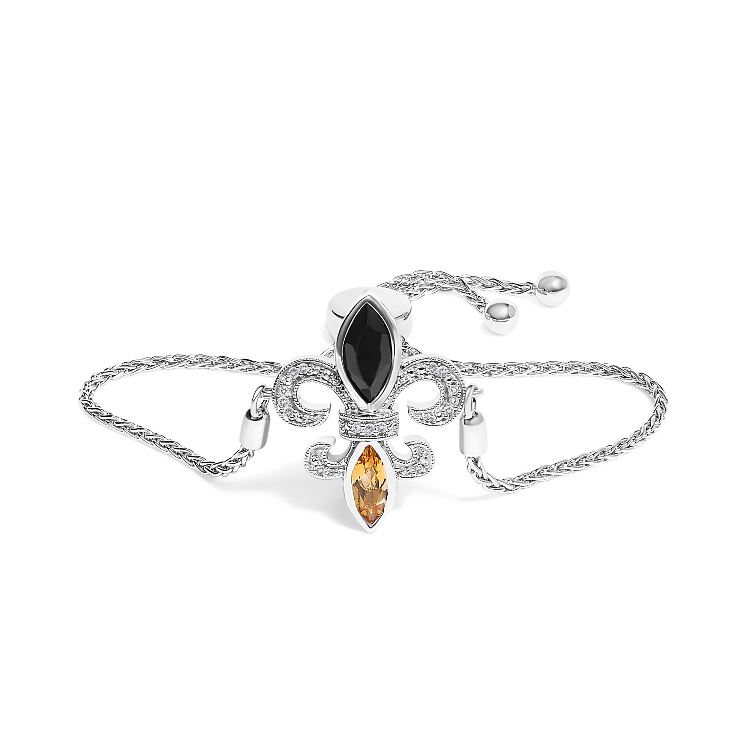 .925 Sterling Silver Marquise Black Onyx, Orange Citrine, and Diamond Accent Lariat 4â€-10â€ Fleur De Lis Adjustable Bolo Bracelet I-J Color, I1-I2 Clarity - 7" on sale at MyriadMart