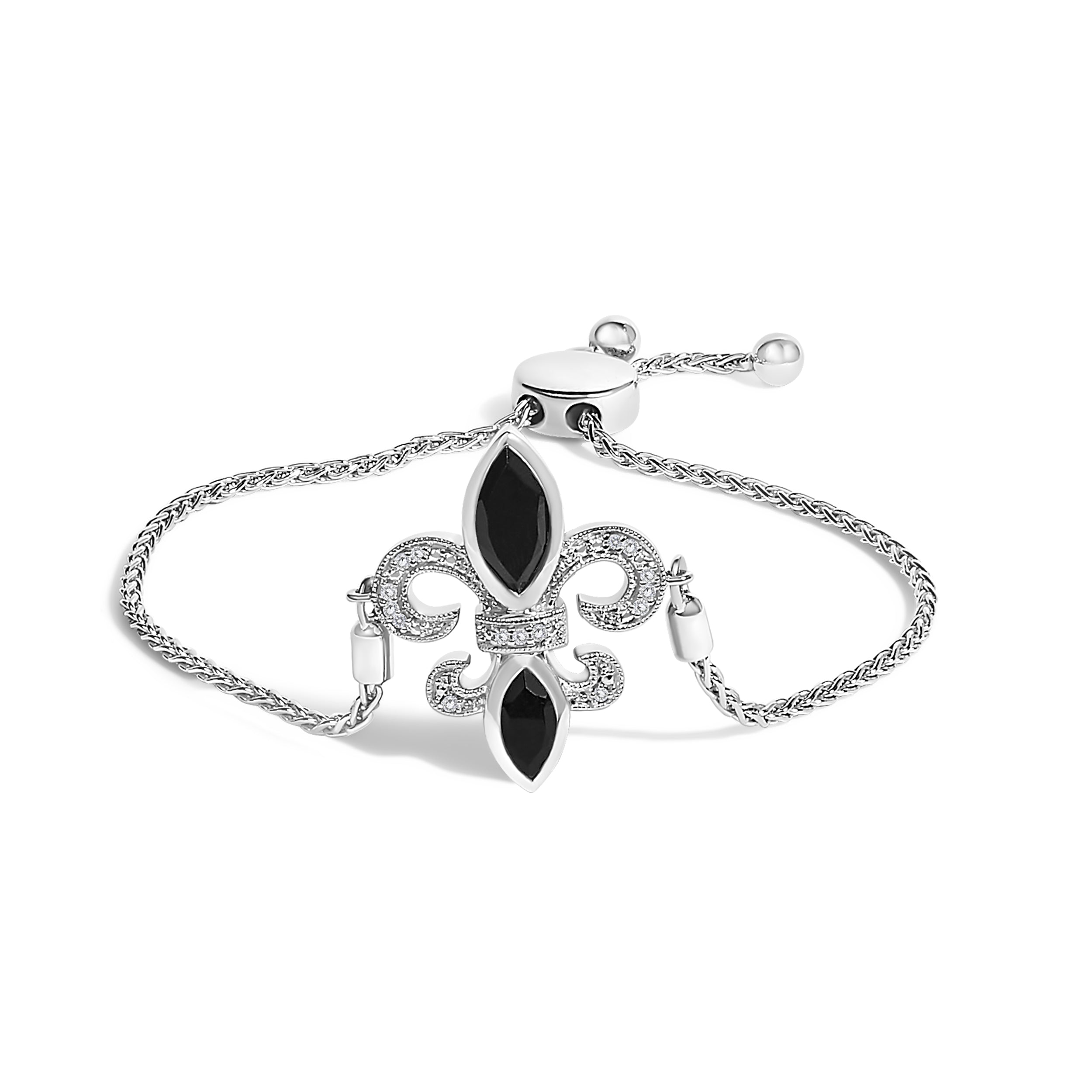 .925 Sterling Silver Marquise Black Onyx and Diamond Accent Lariat 4â€-10â€ Fleur De Lis Adjustable Bolo Bracelet I-J Color, I1-I2 Clarity on sale at MyriadMart