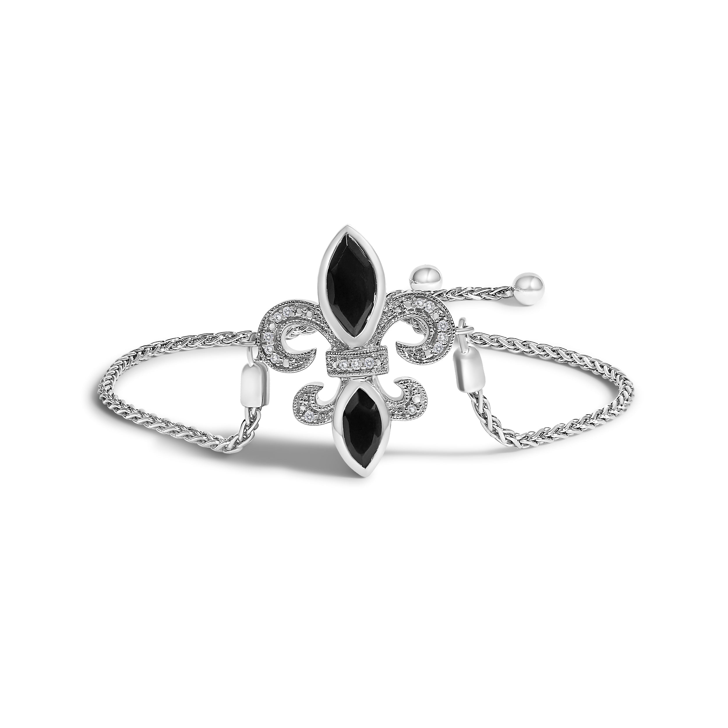 .925 Sterling Silver Marquise Black Onyx and Diamond Accent Lariat 4â€-10â€ Fleur De Lis Adjustable Bolo Bracelet I-J Color, I1-I2 Clarity on sale at MyriadMart