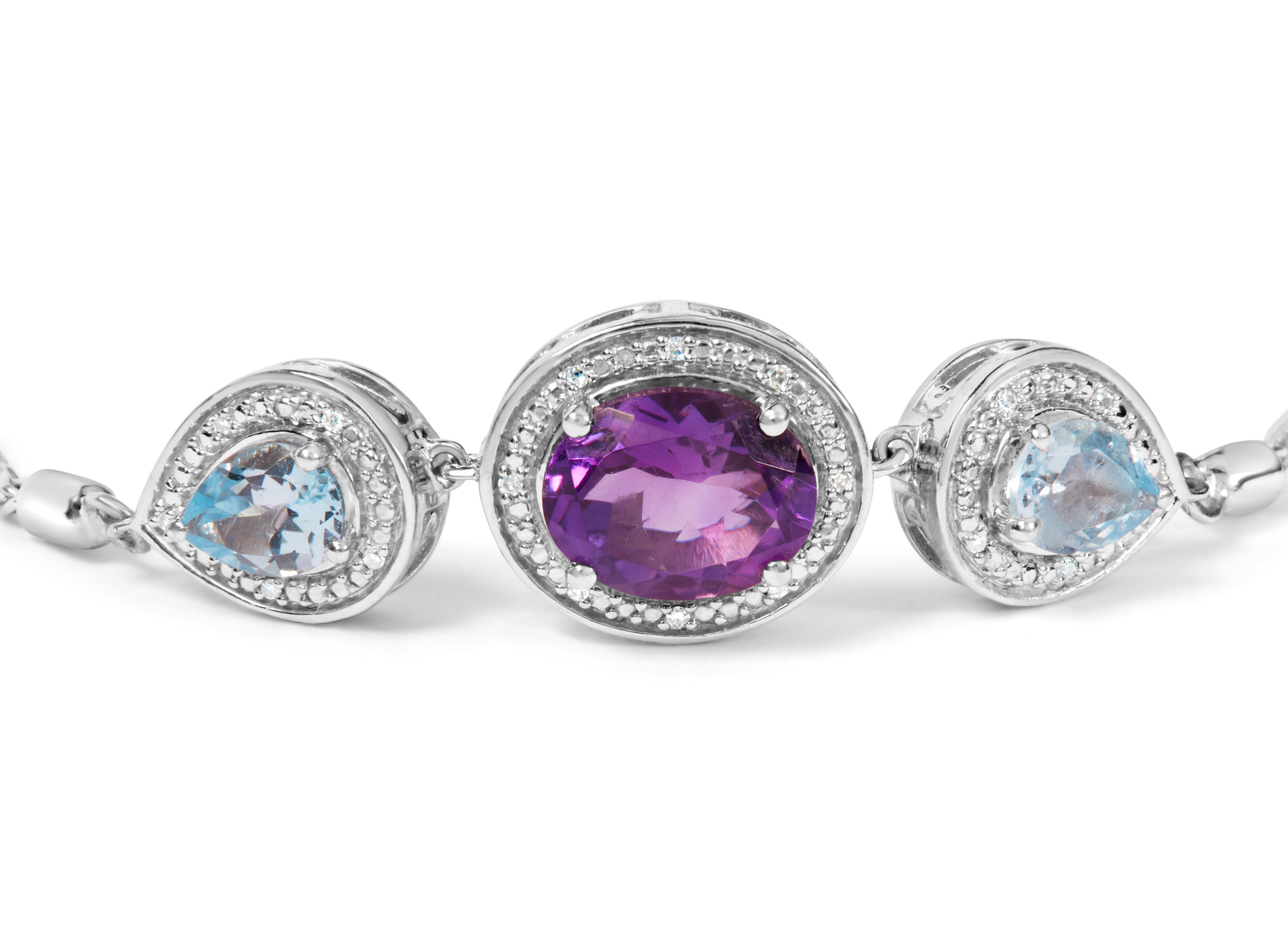 .925 Sterling Silver Oval Amethyst and Pear Blue Topaz with Diamond Accent Lariat 4â€-10â€ Adjustable Bolo Bracelet H-I Color, SI1-SI2 Clarity on sale at MyriadMart