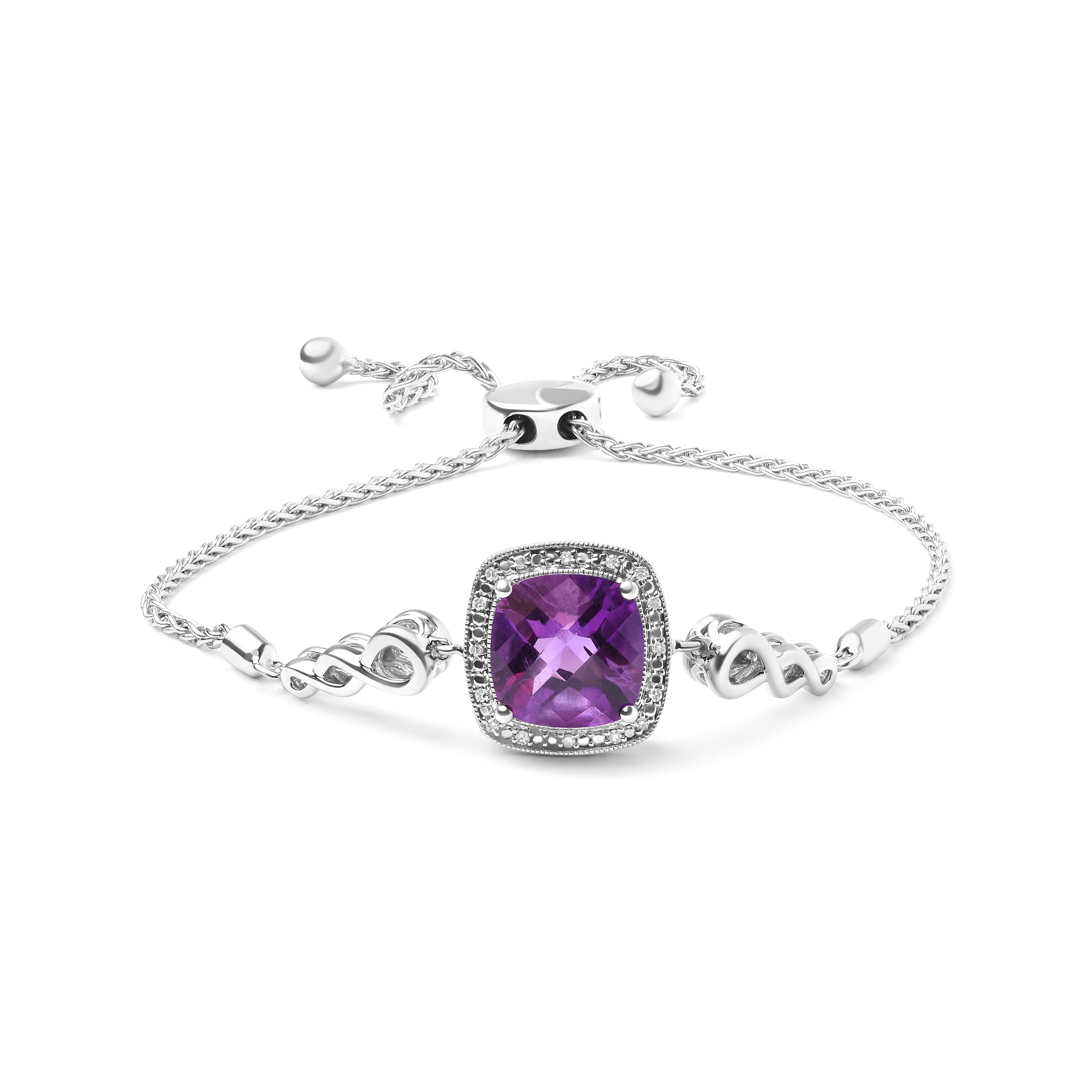 .925 Sterling Silver 10mm Cushion Cut Amethyst Gemstone and Diamond Accent Lariat 4â€-10â€ Adjustable Bolo Bracelet H-I Color, SI1-SI2 Clarity on sale at MyriadMart