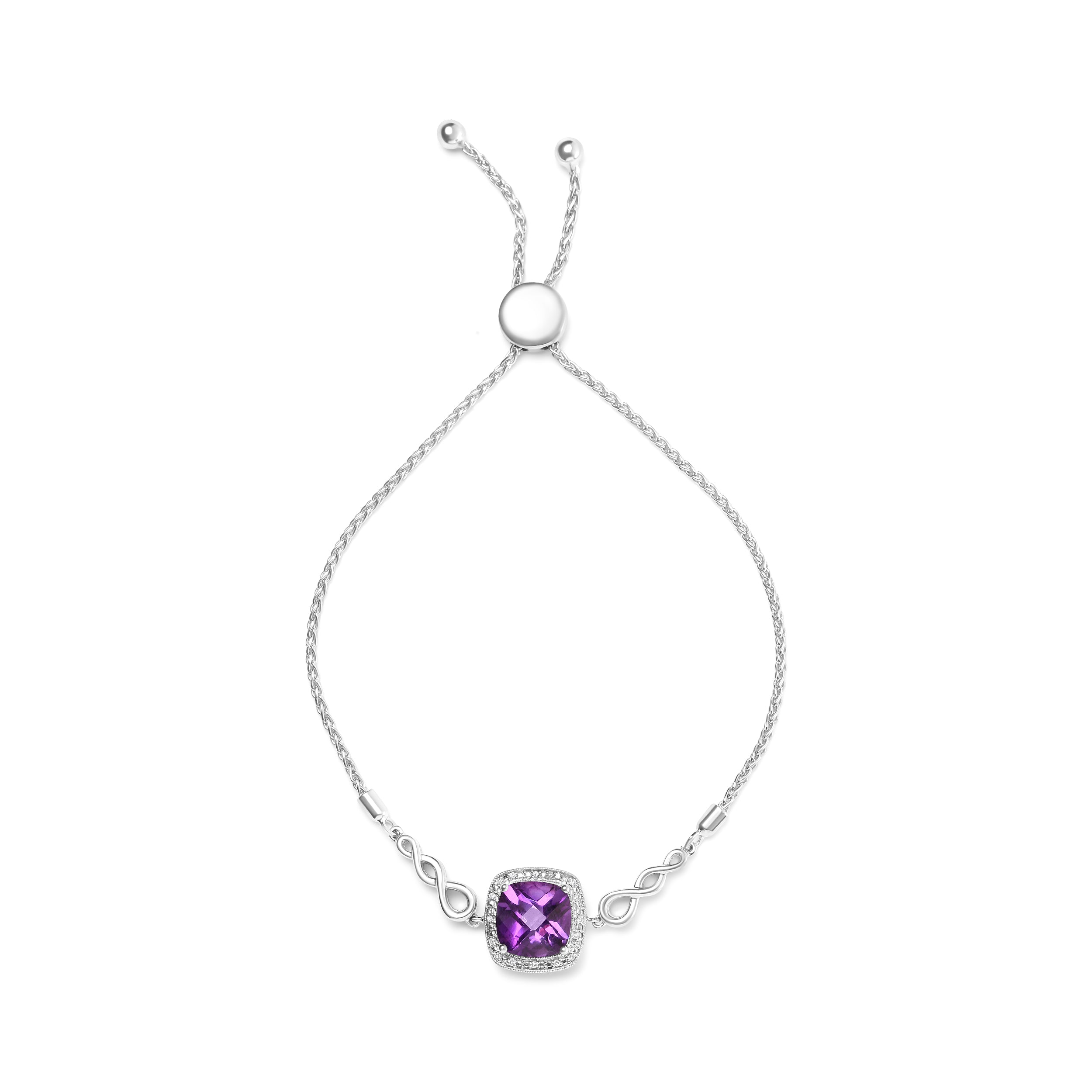 .925 Sterling Silver 10mm Cushion Cut Amethyst Gemstone and Diamond Accent Lariat 4â€-10â€ Adjustable Bolo Bracelet H-I Color, SI1-SI2 Clarity on sale at MyriadMart
