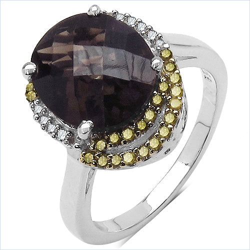 4.12 Carat Genuine Smoky Quartz and 0.28 ct.t.w Genuine Diamond Accents Sterling Silver Ring on sale at MyriadMart
