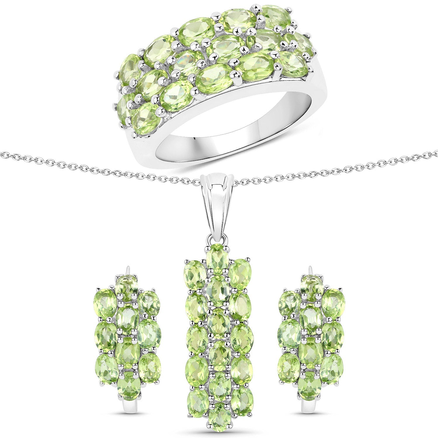 8.84 Carat Genuine Peridot .925 Sterling Silver 3 Piece Jewelry Set Ring, Earrings, and Pendant w/ Chain on sale at MyriadMart