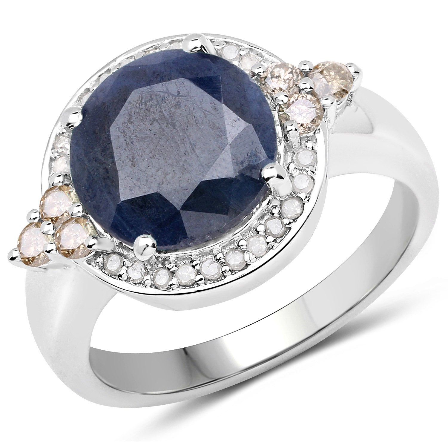4.10 Carat Genuine Blue Sapphire, Champagne Diamond and White Diamond .925 Sterling Silver Ring on sale at MyriadMart
