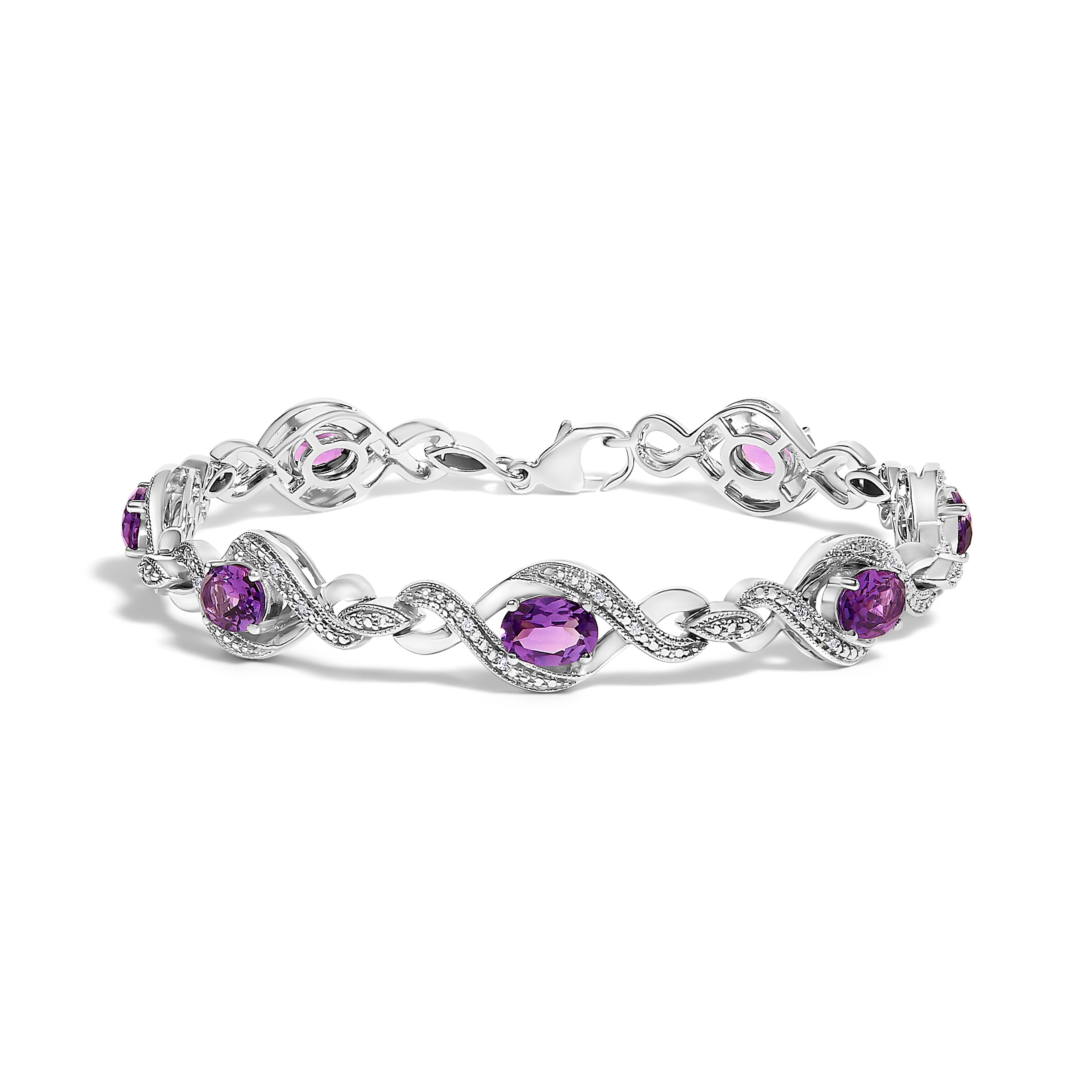 .925 Sterling Silver 1/10 Cttw Natural Round Diamond and 7X5MM Oval Amethyst Cross Tennis Bracelet I-J Color, I1-I2 Clarity - 7" on sale at MyriadMart