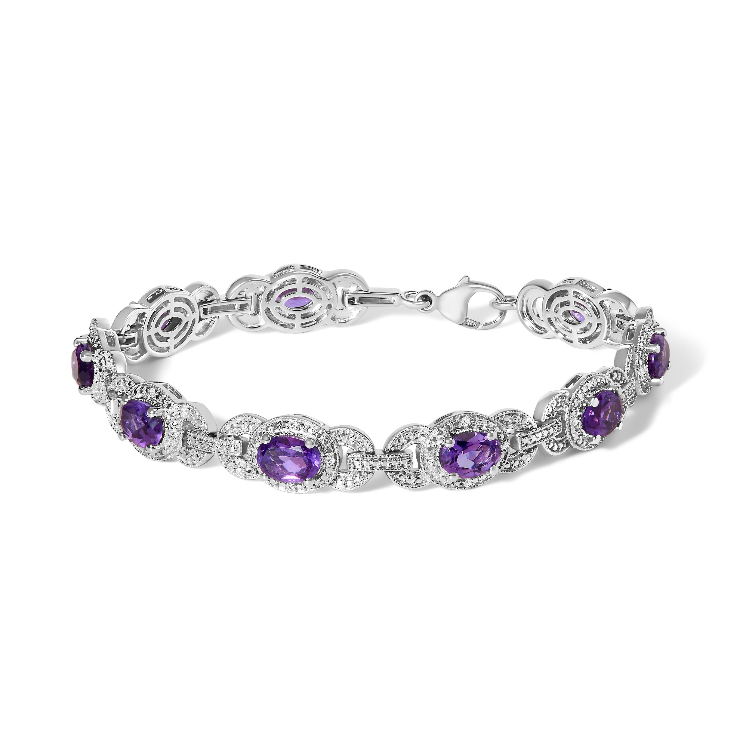 Sterling Silver Oval Purple Amethyst and Diamond Interlocking Halo Link Bracelet on sale at MyriadMart