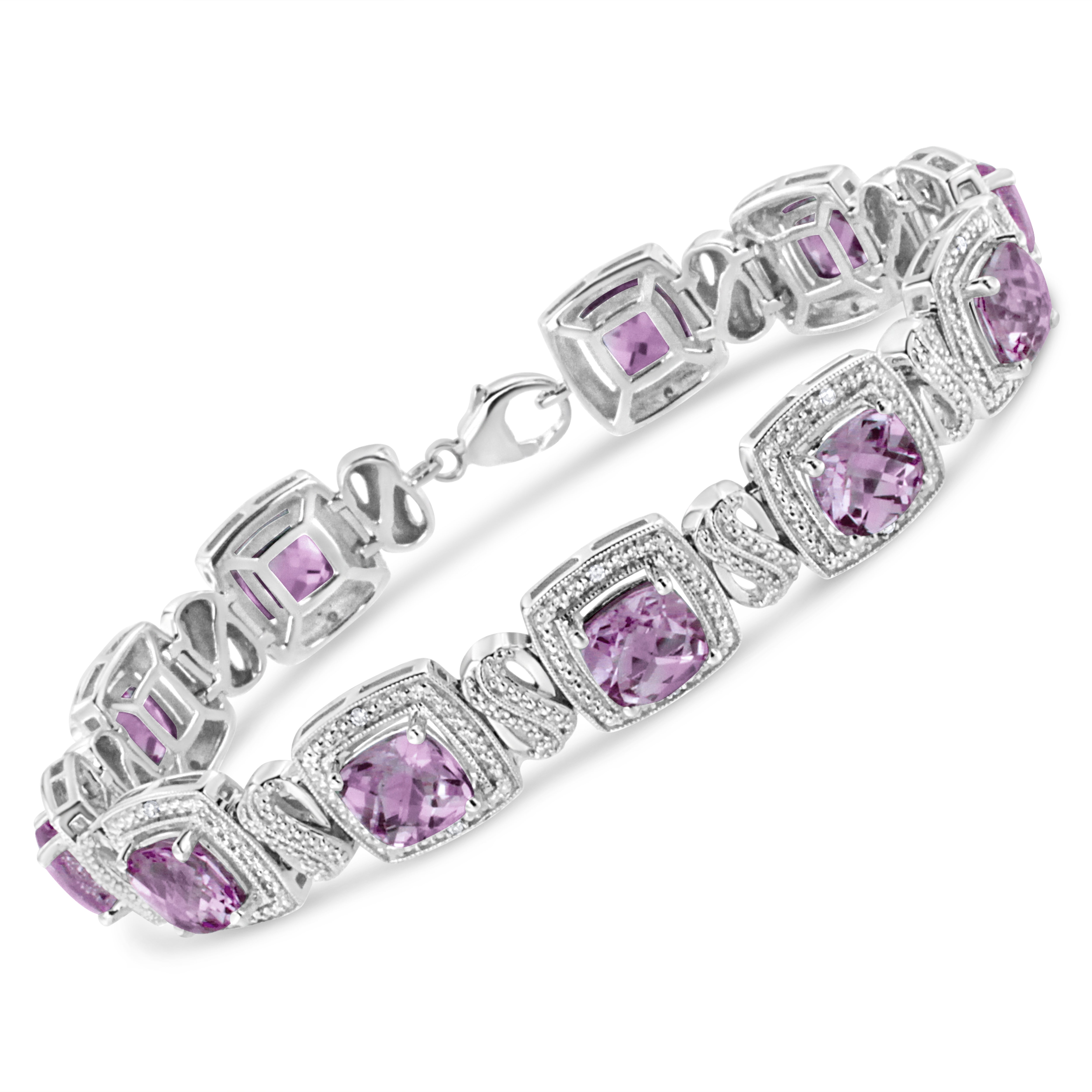 .925 Sterling Silver 7x7 mm Cushion Cut Purple Amethyst and 1/10 cttw Round Cut Diamond Square Shape Tennis Bracelet I-J Color, I1-I2 Clarity - 7" on sale at MyriadMart
