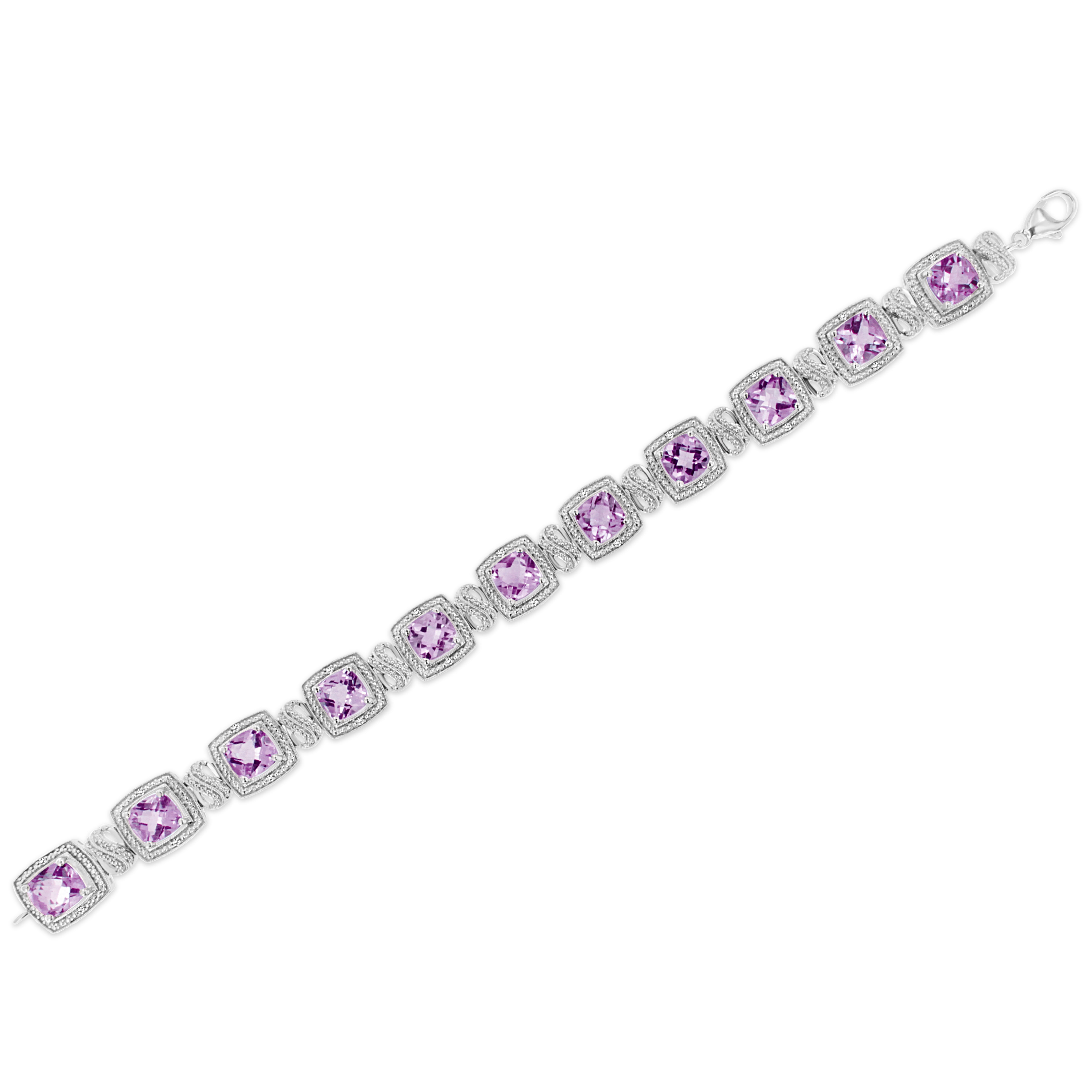 .925 Sterling Silver 7x7 mm Cushion Cut Purple Amethyst and 1/10 cttw Round Cut Diamond Square Shape Tennis Bracelet I-J Color, I1-I2 Clarity - 7" on sale at MyriadMart