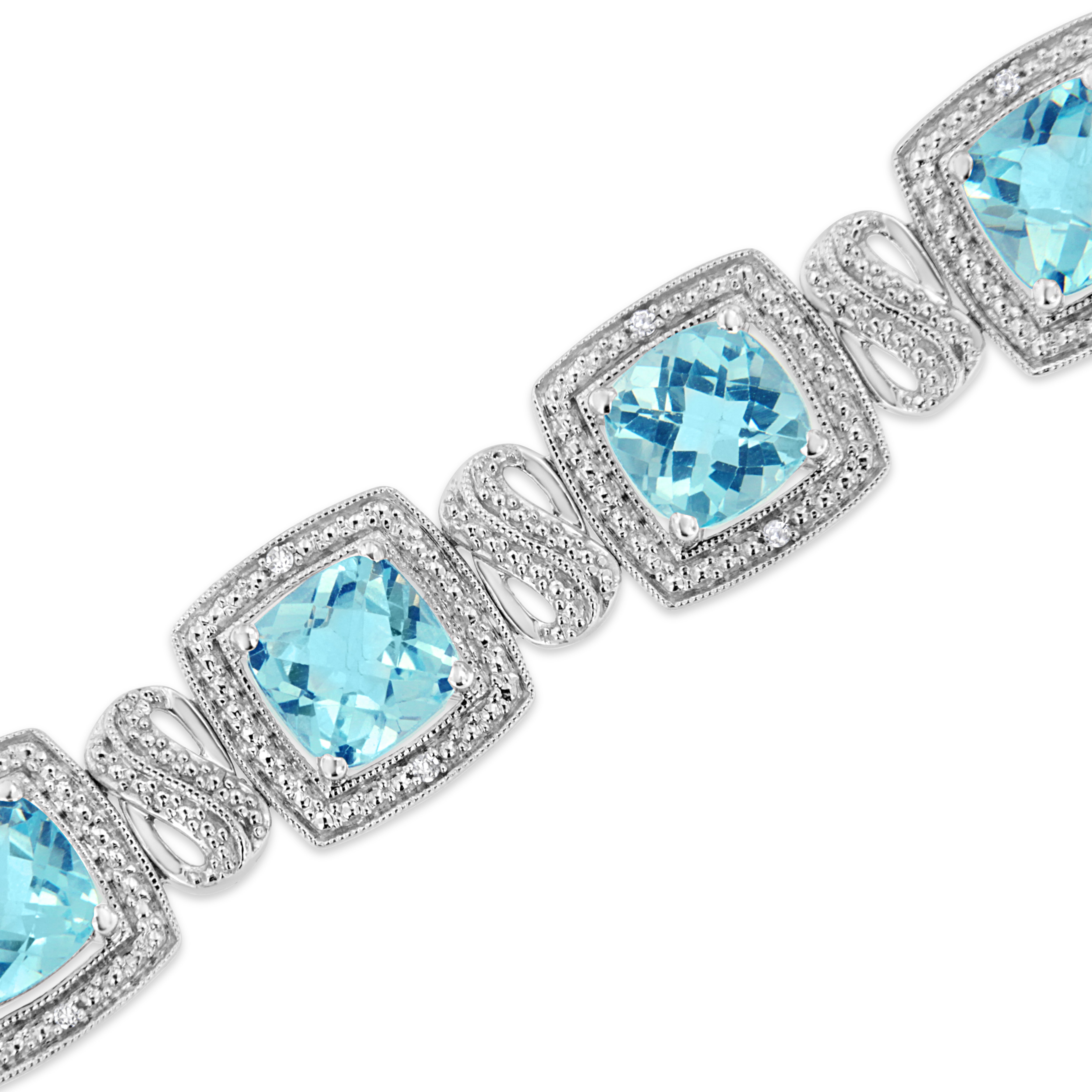 .925 Sterling Silver 7x7 mm Cushion Cut Blue Topaz and 1/10 Ctw Single Cut Diamond Square Shape Tennis Bracelet I-J Color, I1-I2 Clarity - 7" on sale at MyriadMart