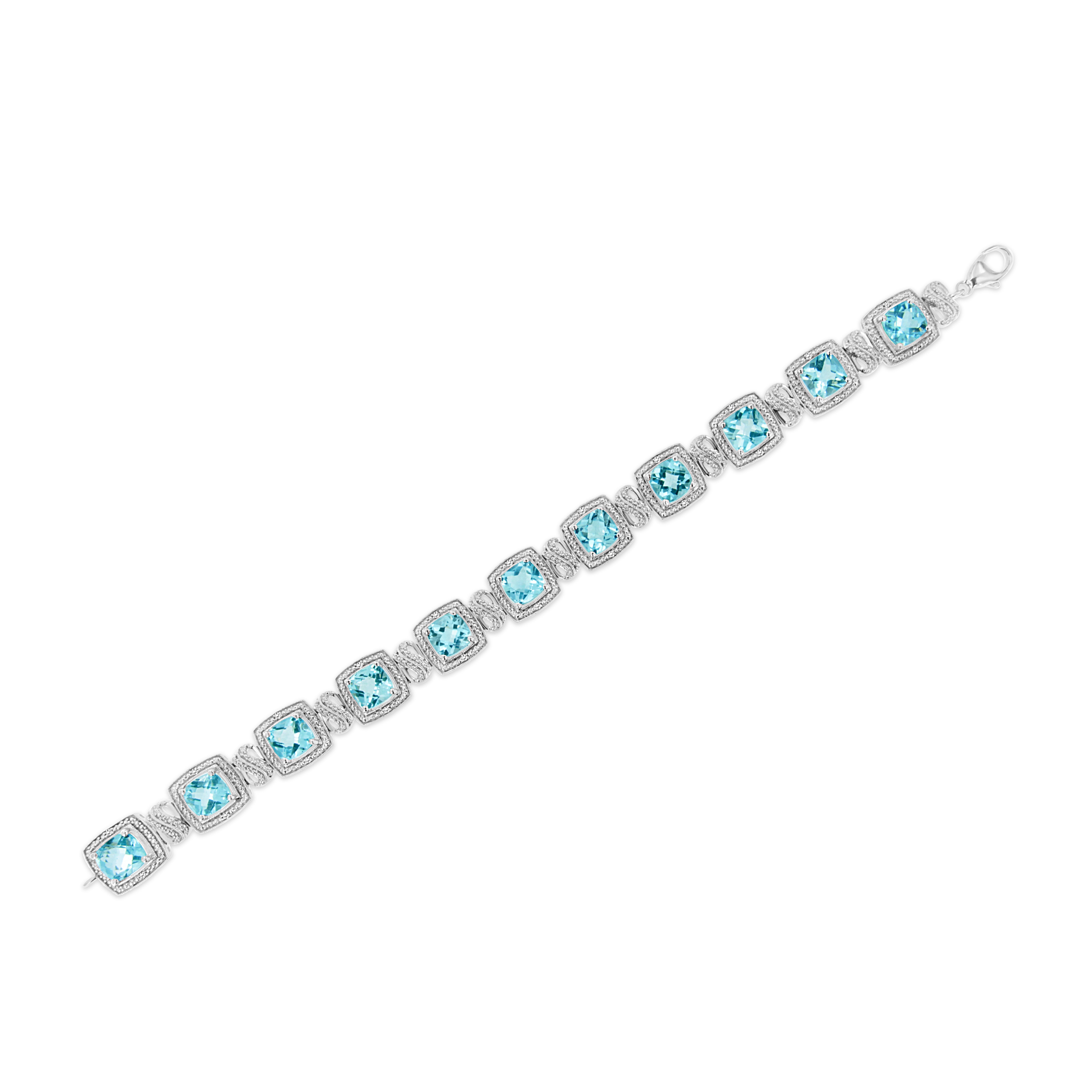 .925 Sterling Silver 7x7 mm Cushion Cut Blue Topaz and 1/10 Ctw Single Cut Diamond Square Shape Tennis Bracelet I-J Color, I1-I2 Clarity - 7" on sale at MyriadMart